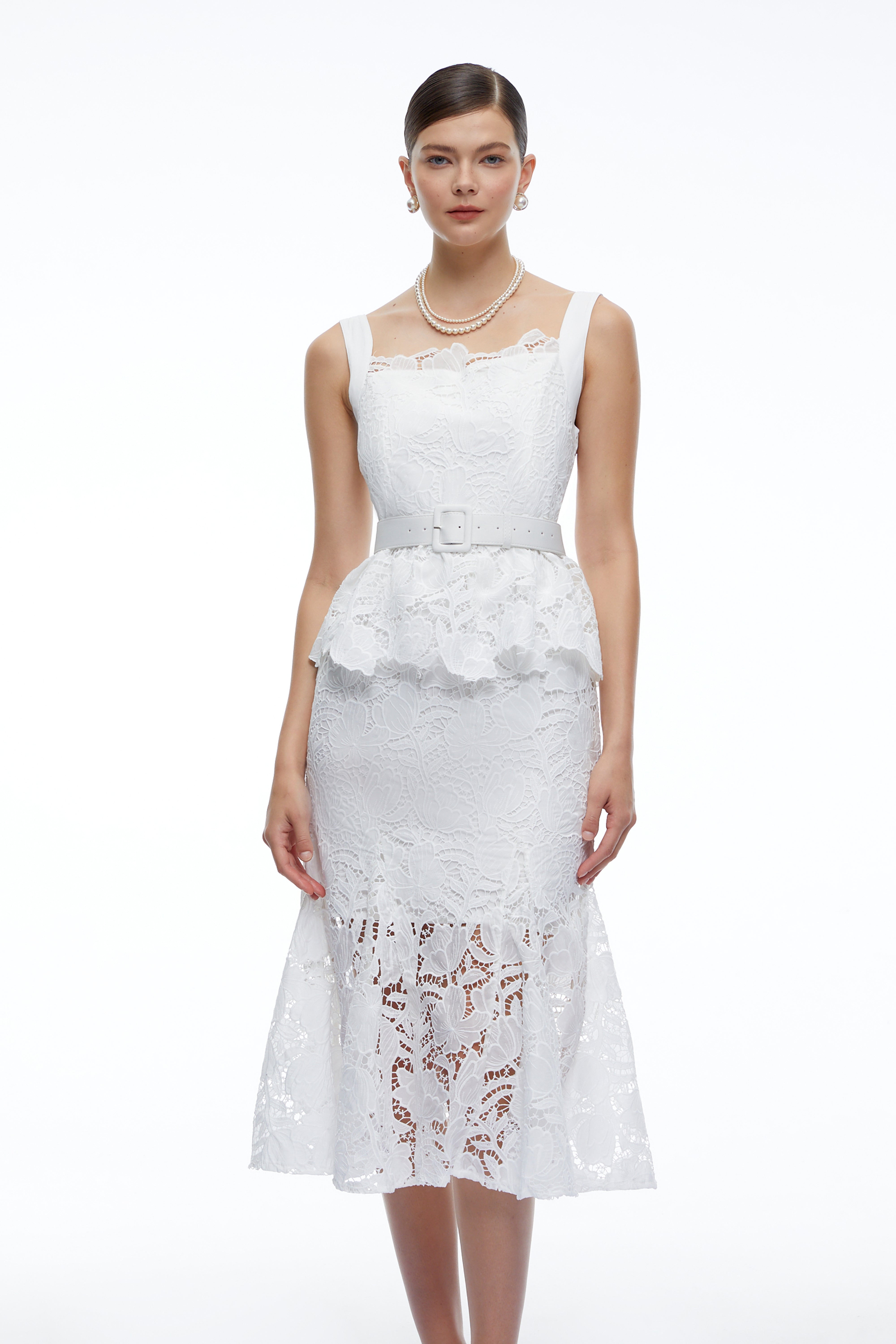 Leontine White Lace Peplum Midi Dress