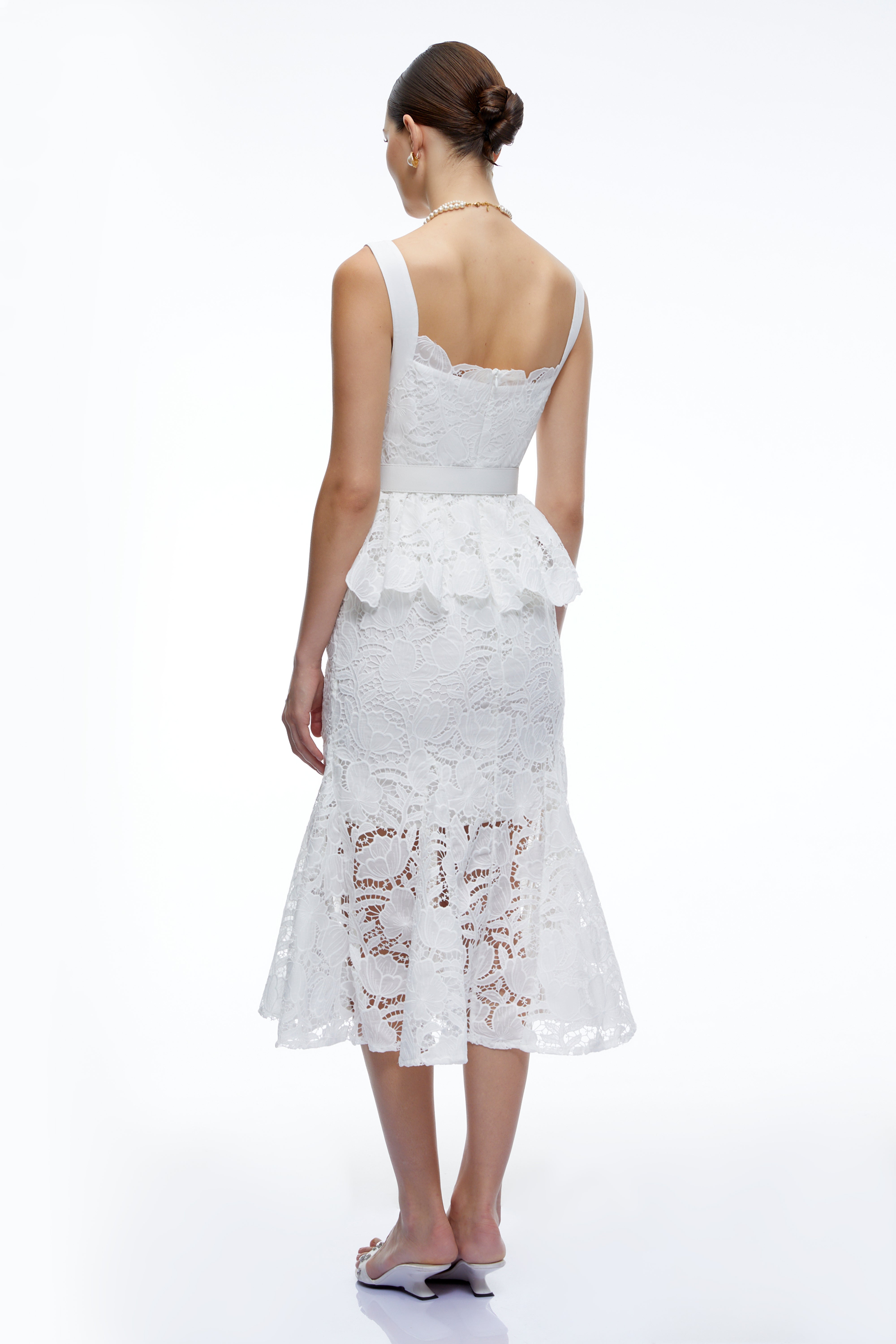 Leontine White Lace Peplum Midi Dress