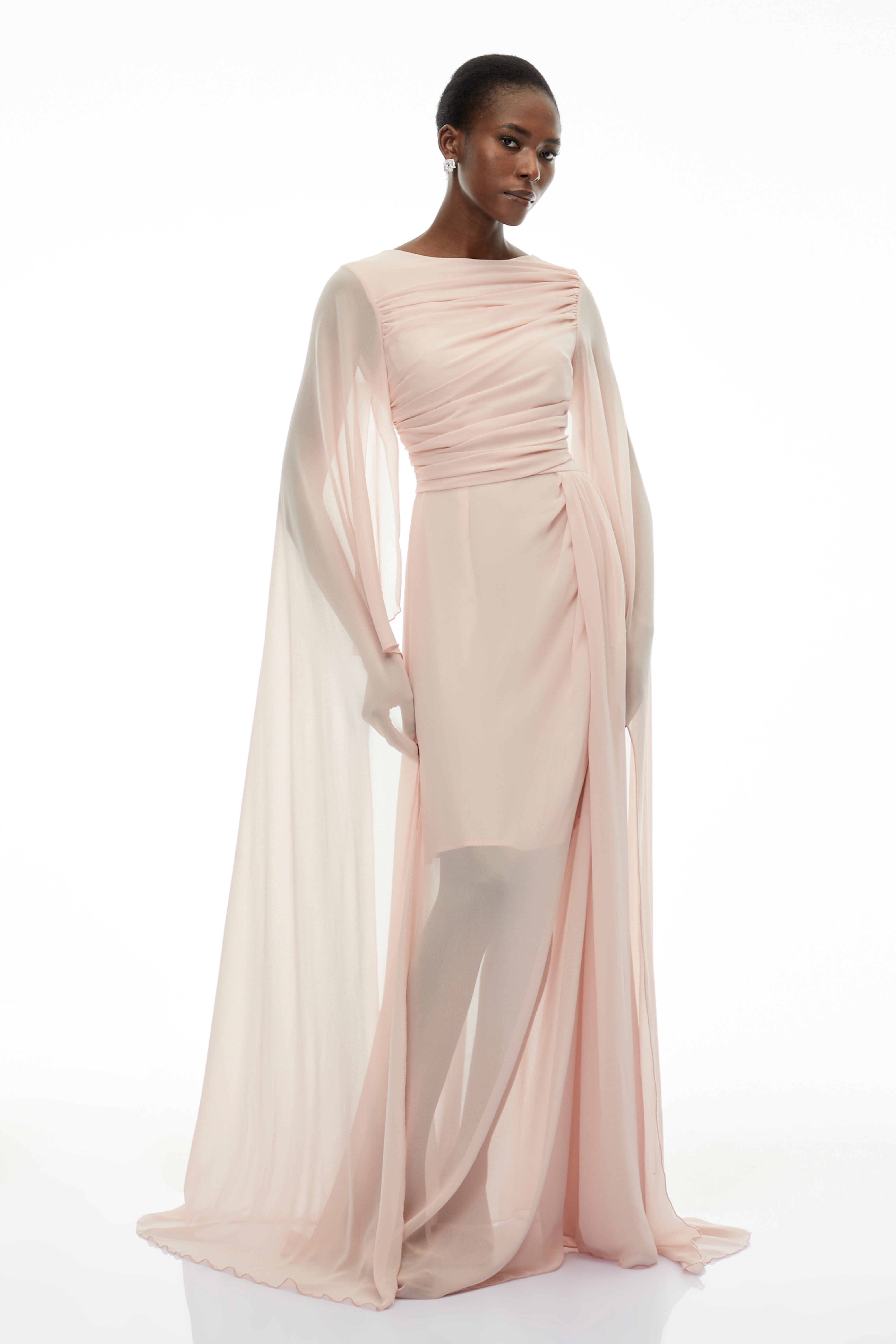 Lindsay Pink Ruched Maxi Dress with Draped Sleeves (Final Sale)