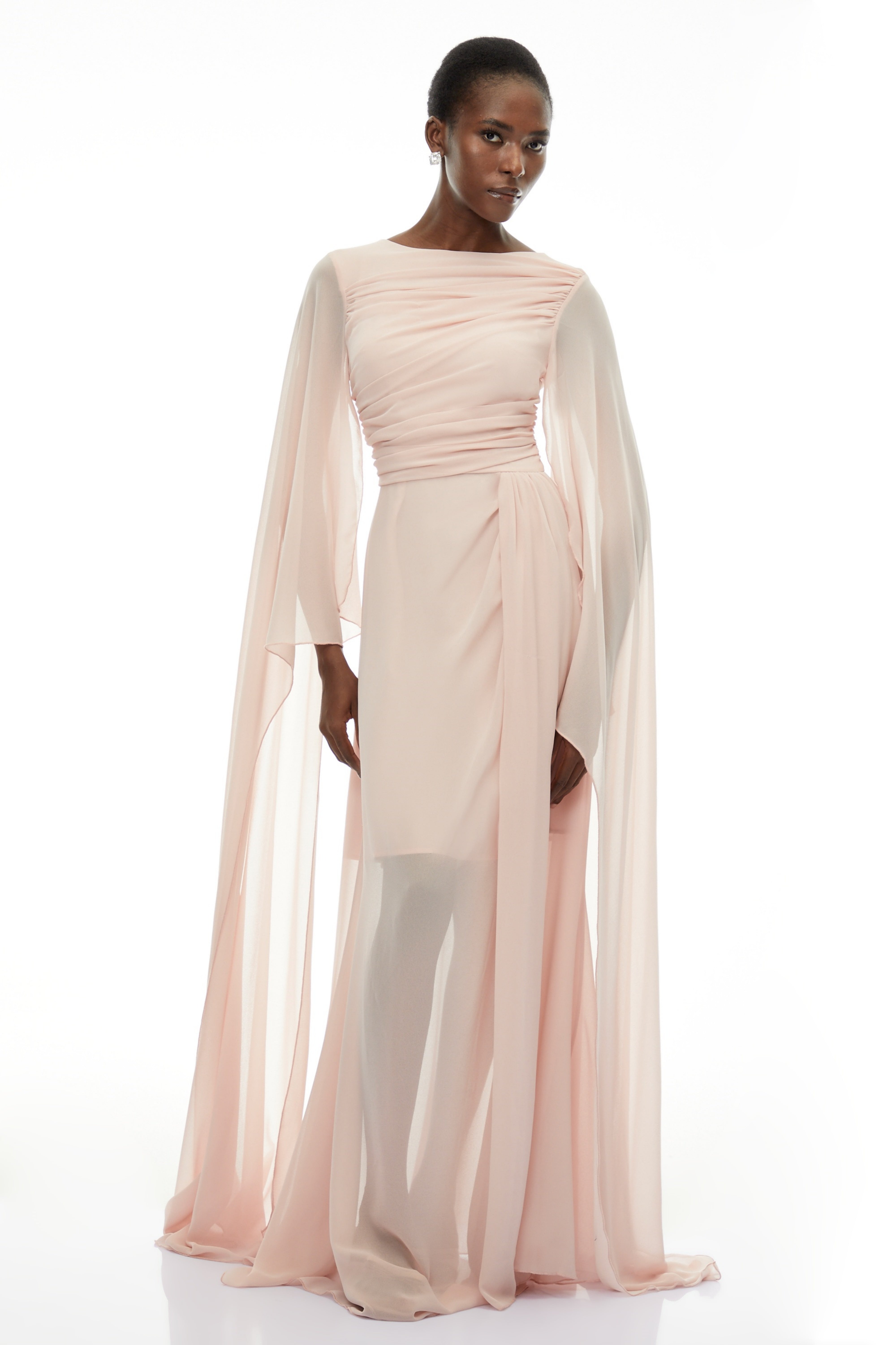 Lindsay Pink Ruched Maxi Dress with Draped Sleeves (Final Sale)