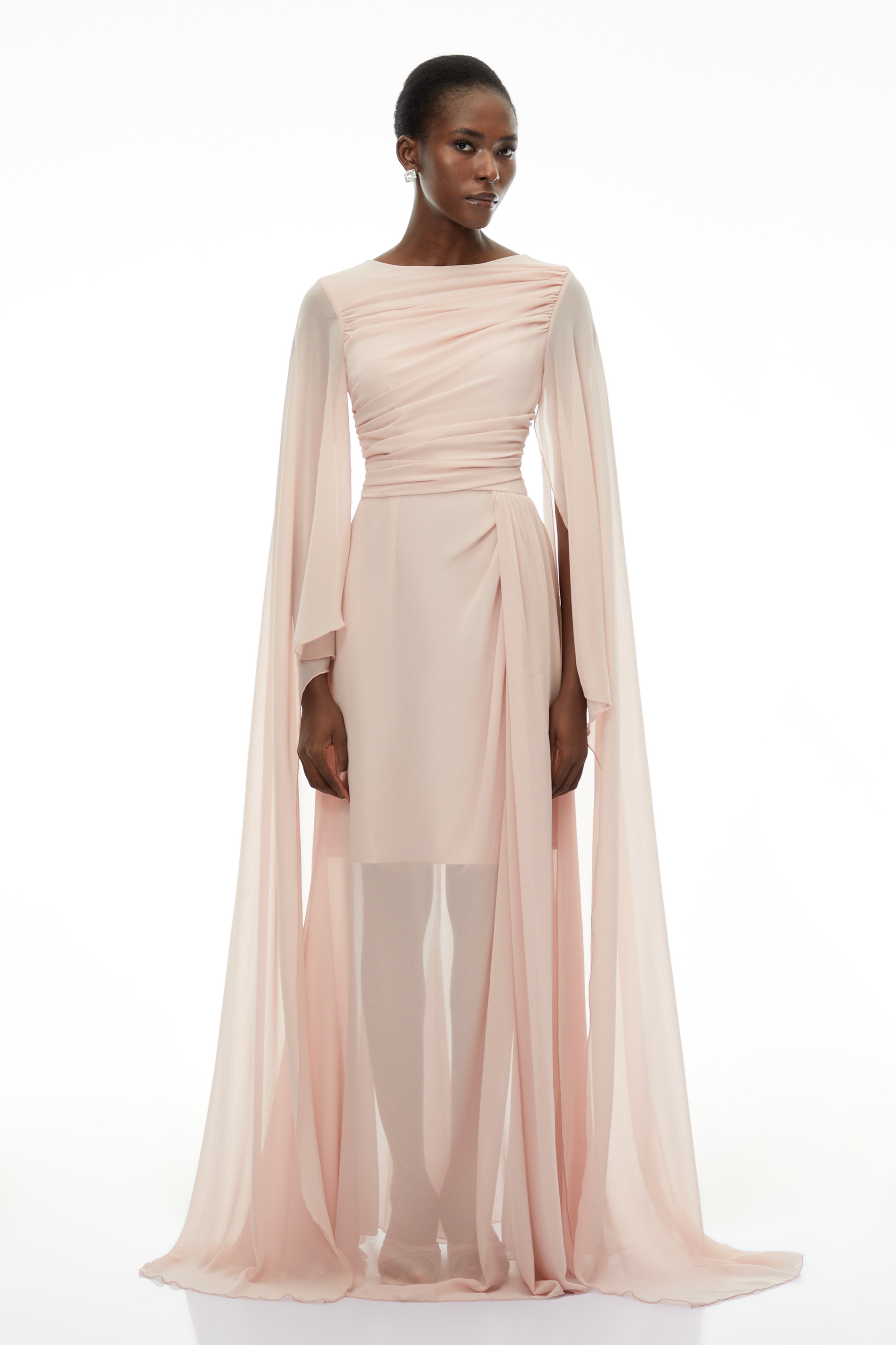 Lindsay Pink Ruched Maxi Dress with Draped Sleeves (Final Sale)