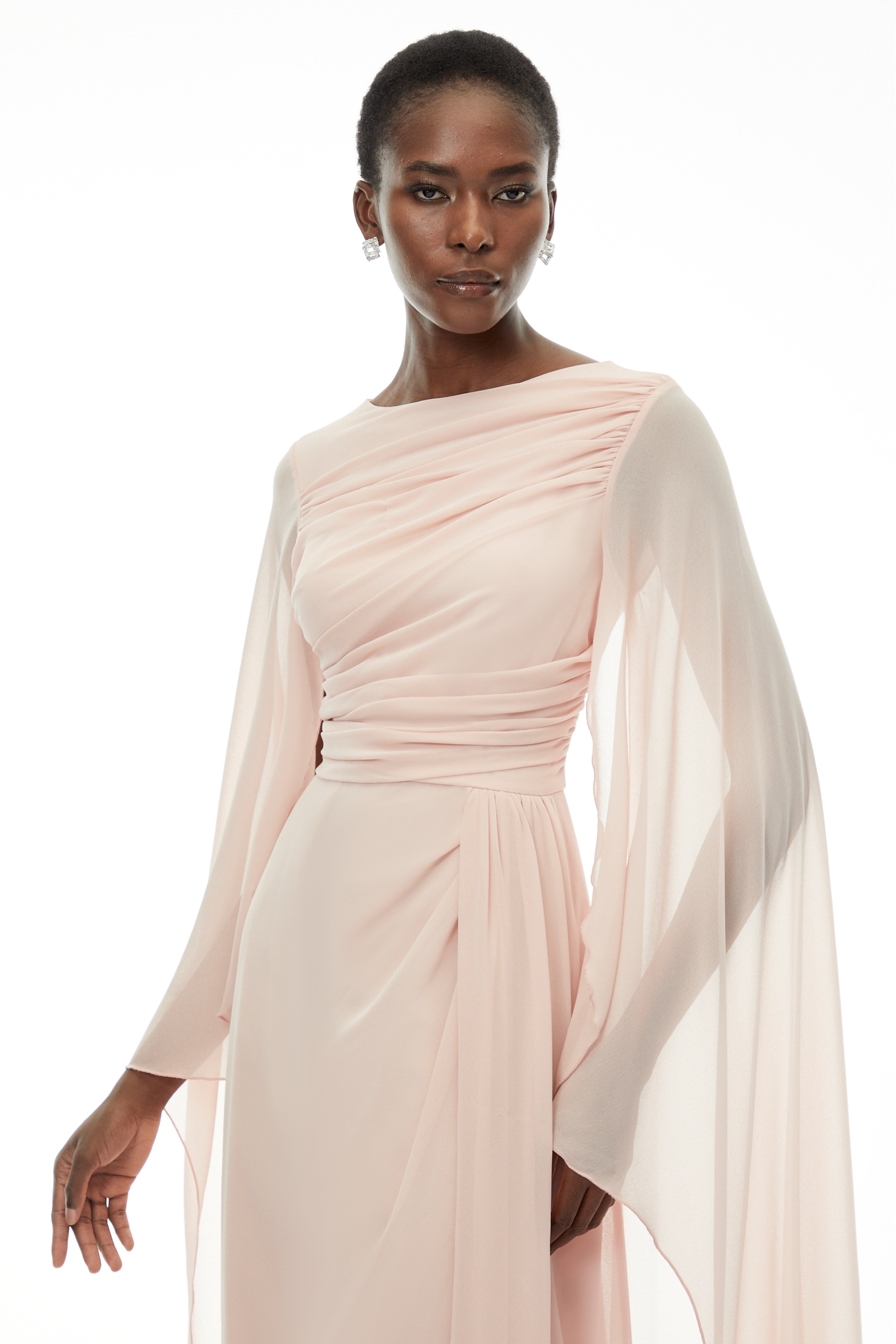 Lindsay Pink Ruched Maxi Dress with Draped Sleeves (Final Sale)