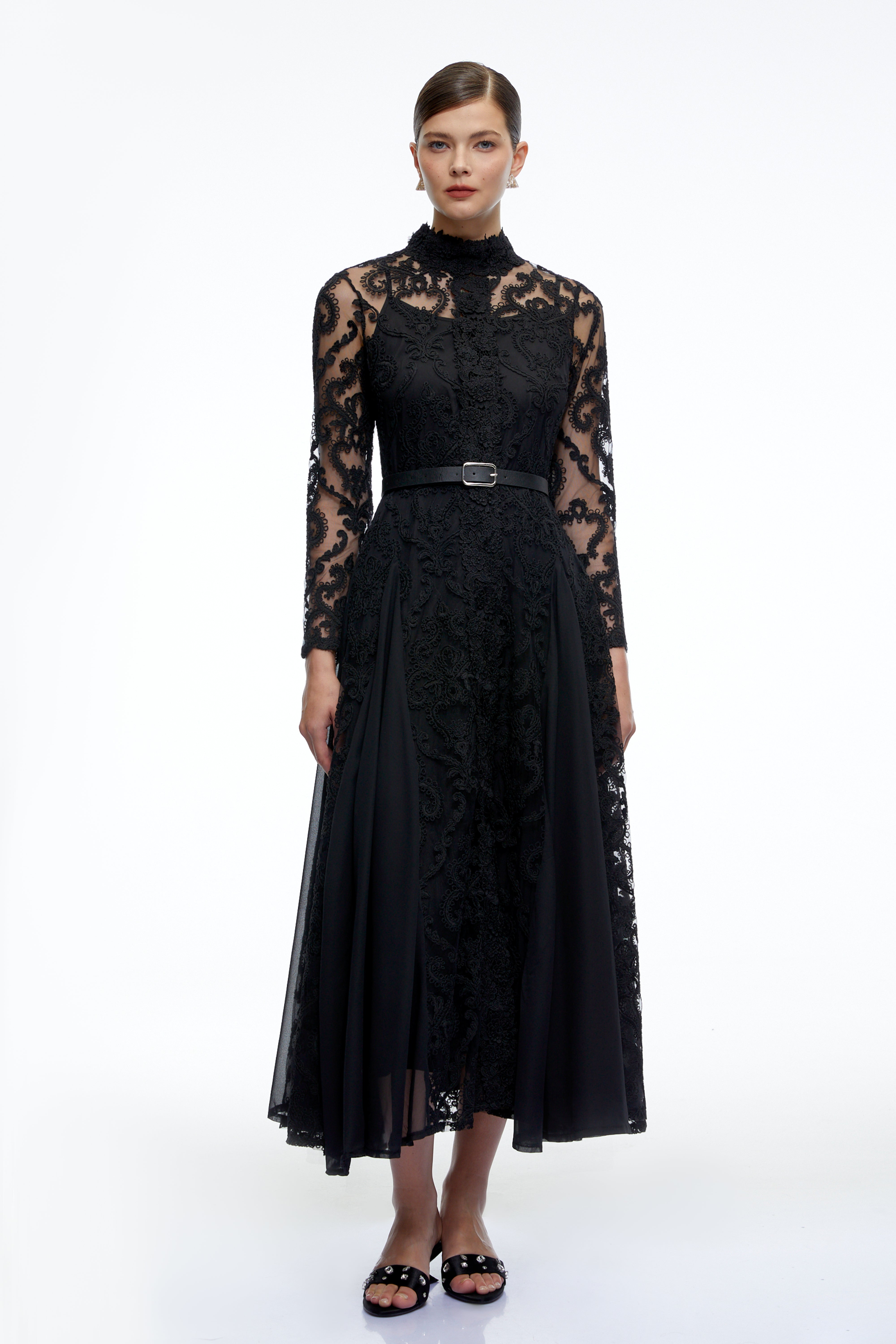 Linnea Black Long Sleeves Lace Midi Dress