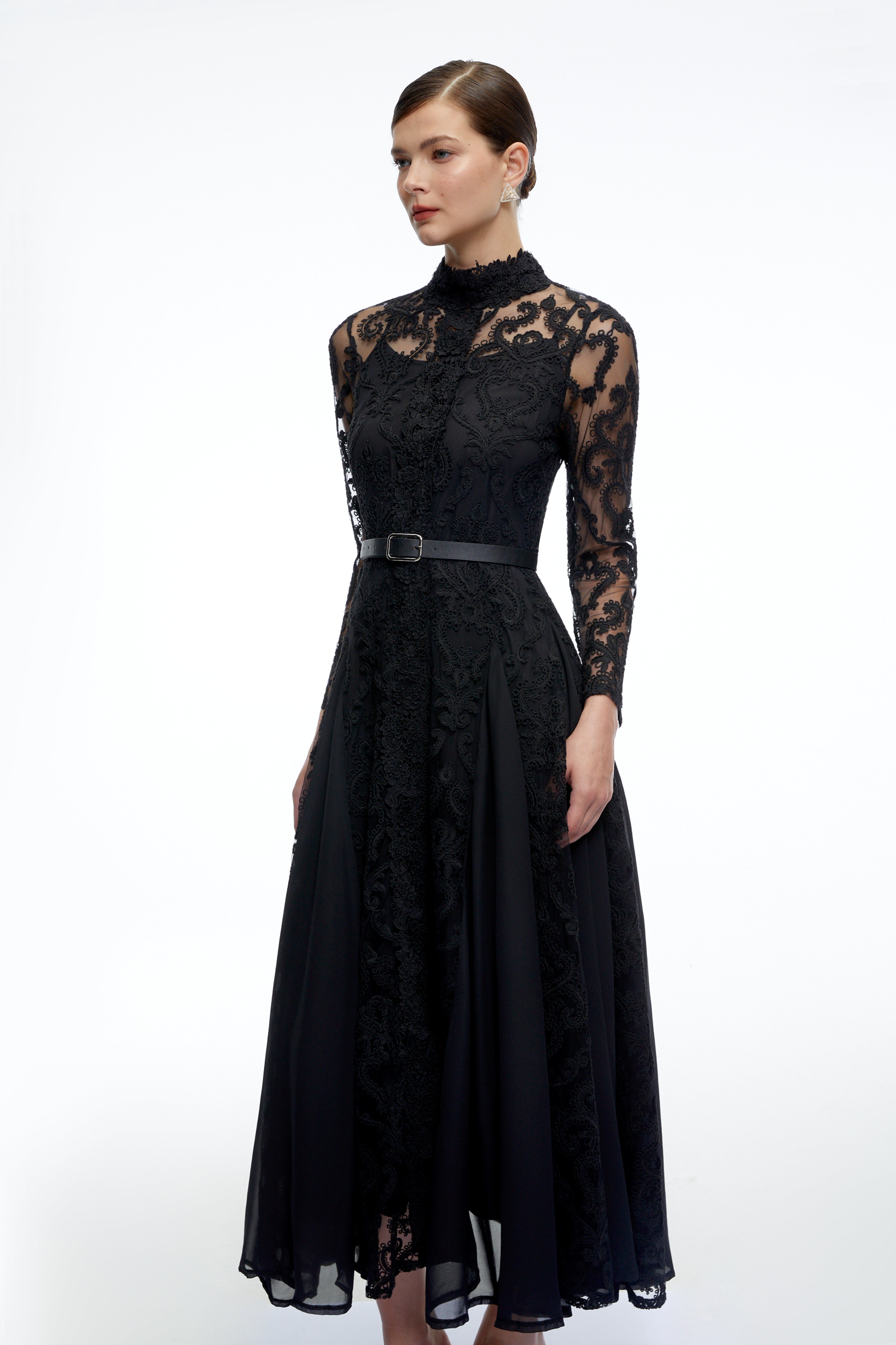 Linnea Black Long Sleeves Lace Midi Dress