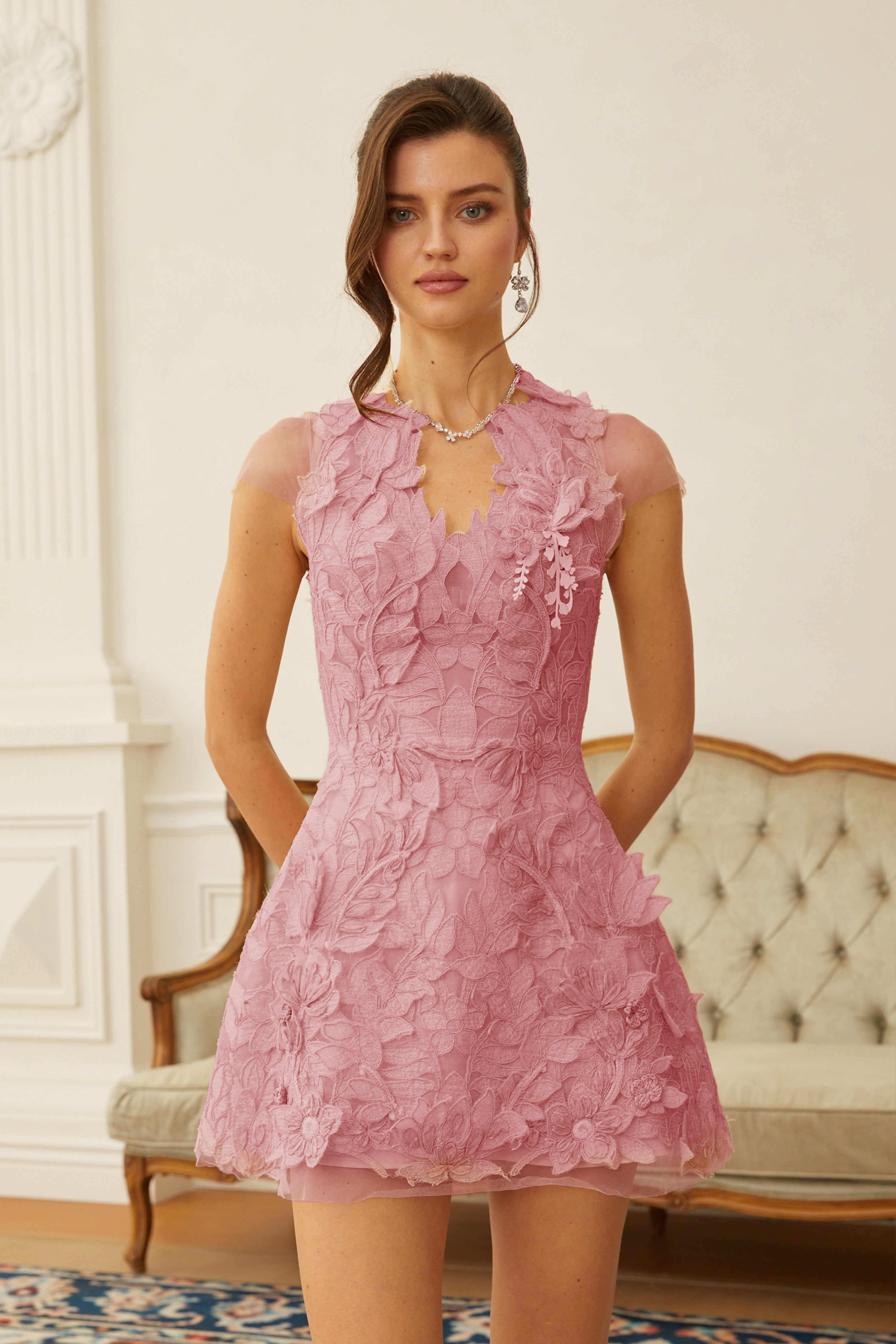 Linnea Pink Floral Applique V-Neck Mini Dress (Final Sale-US Only)