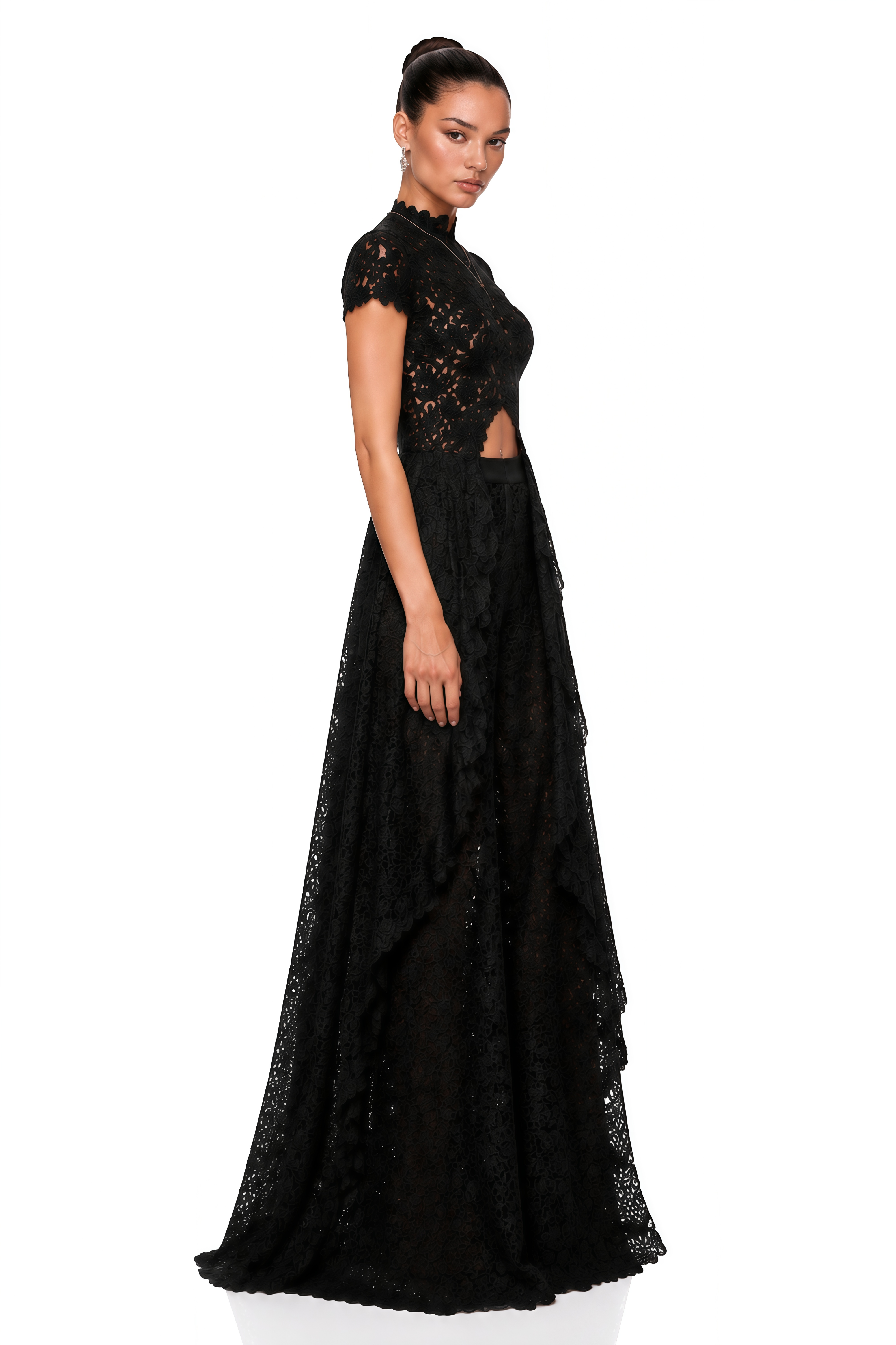 Loana Black Floral Lace Top & Trousers Set