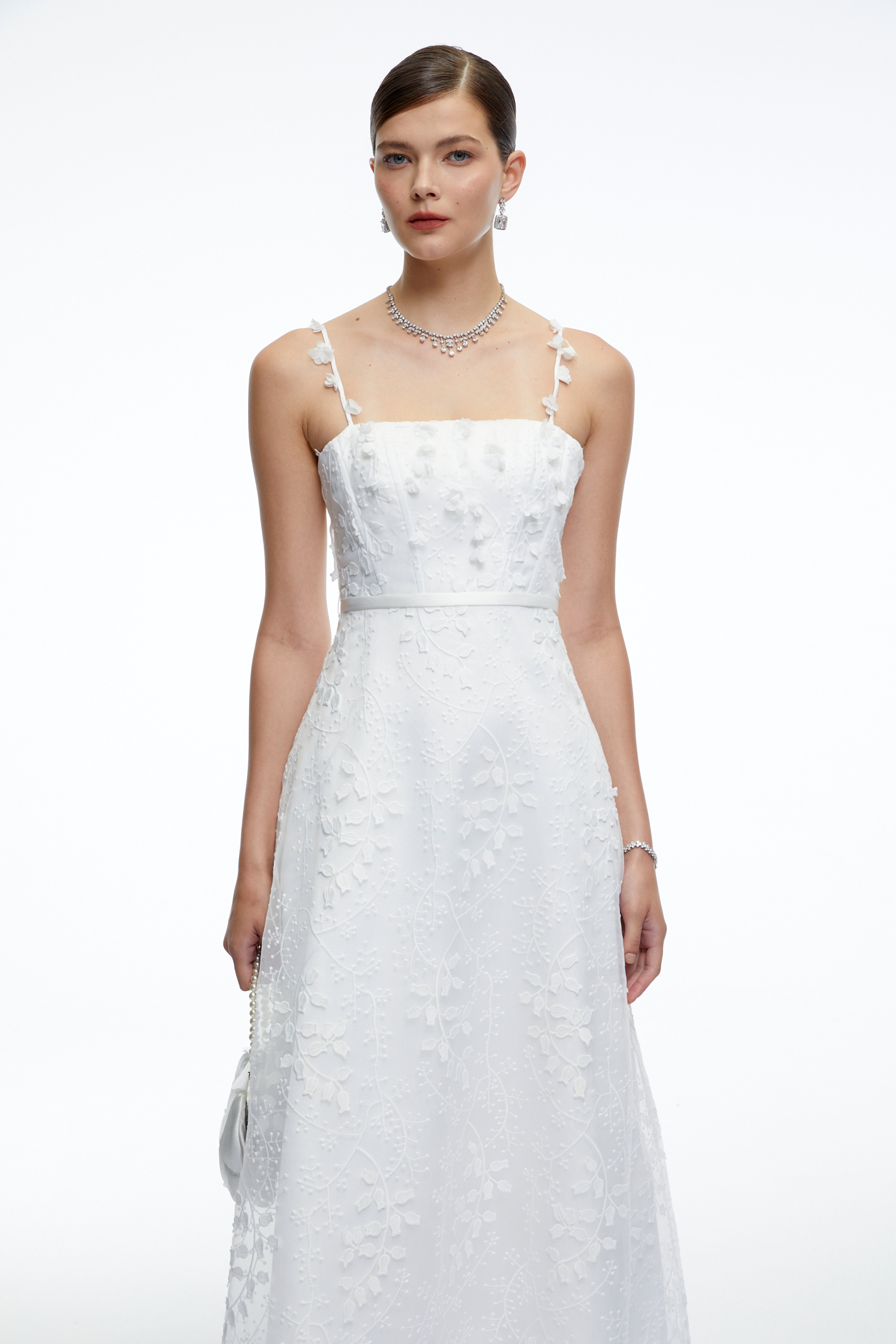 Loretta White Square Neck Midi Dress with 3D Florals