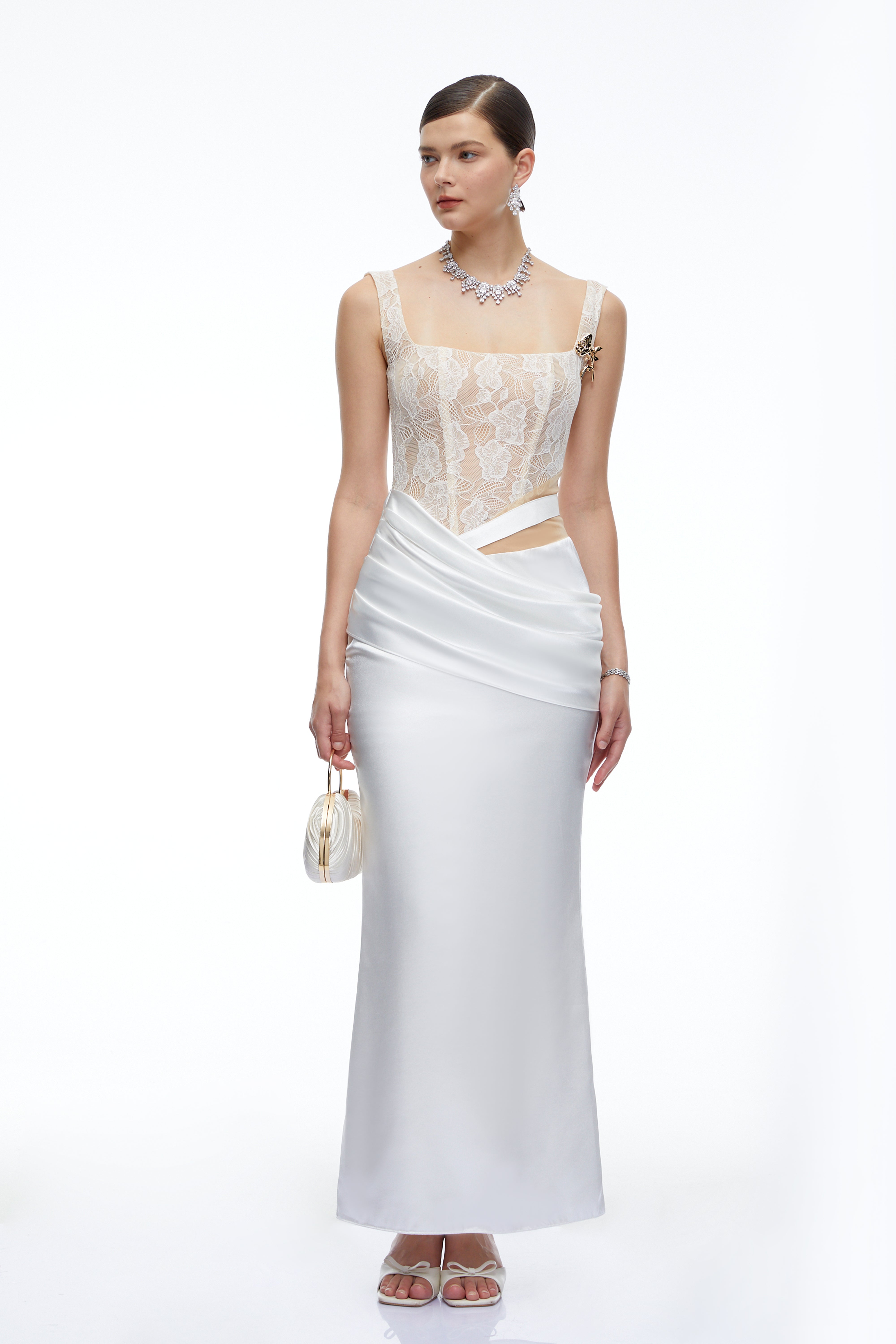 Lorraine White Satin Maxi Dress with Lace Cut-Outs