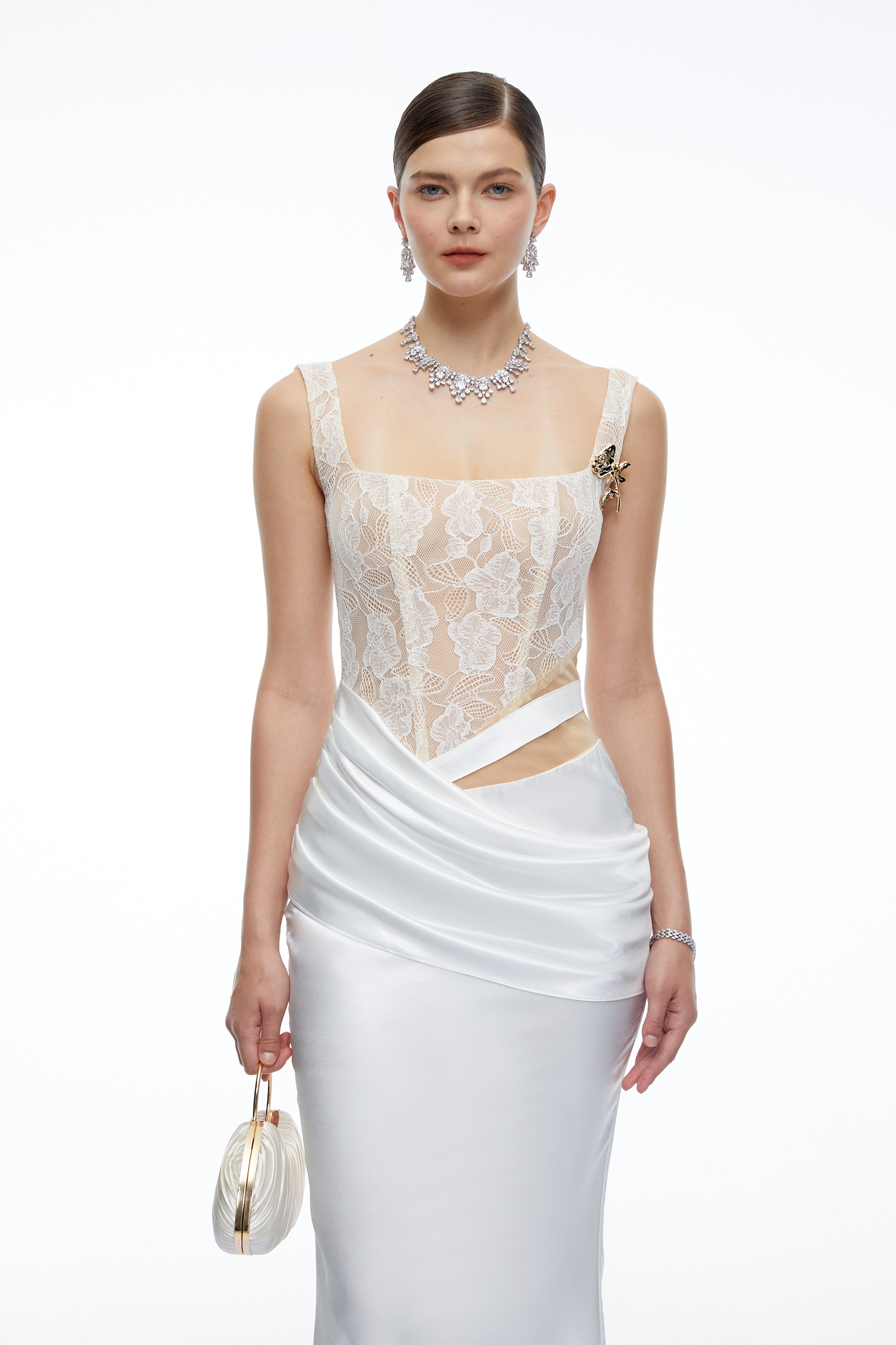 Lorraine White Satin Maxi Dress with Lace Cut-Outs