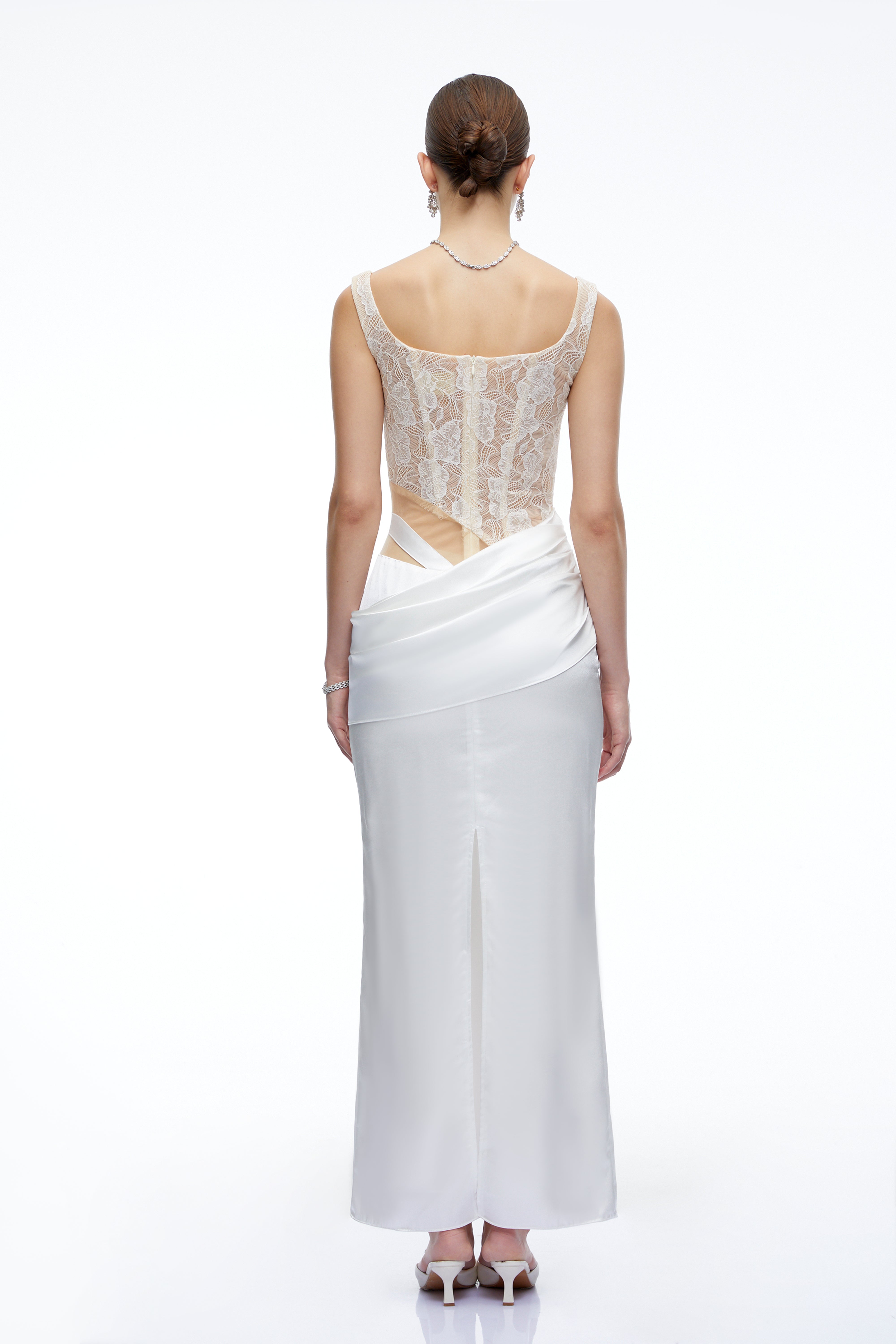 Lorraine White Satin Maxi Dress with Lace Cut-Outs