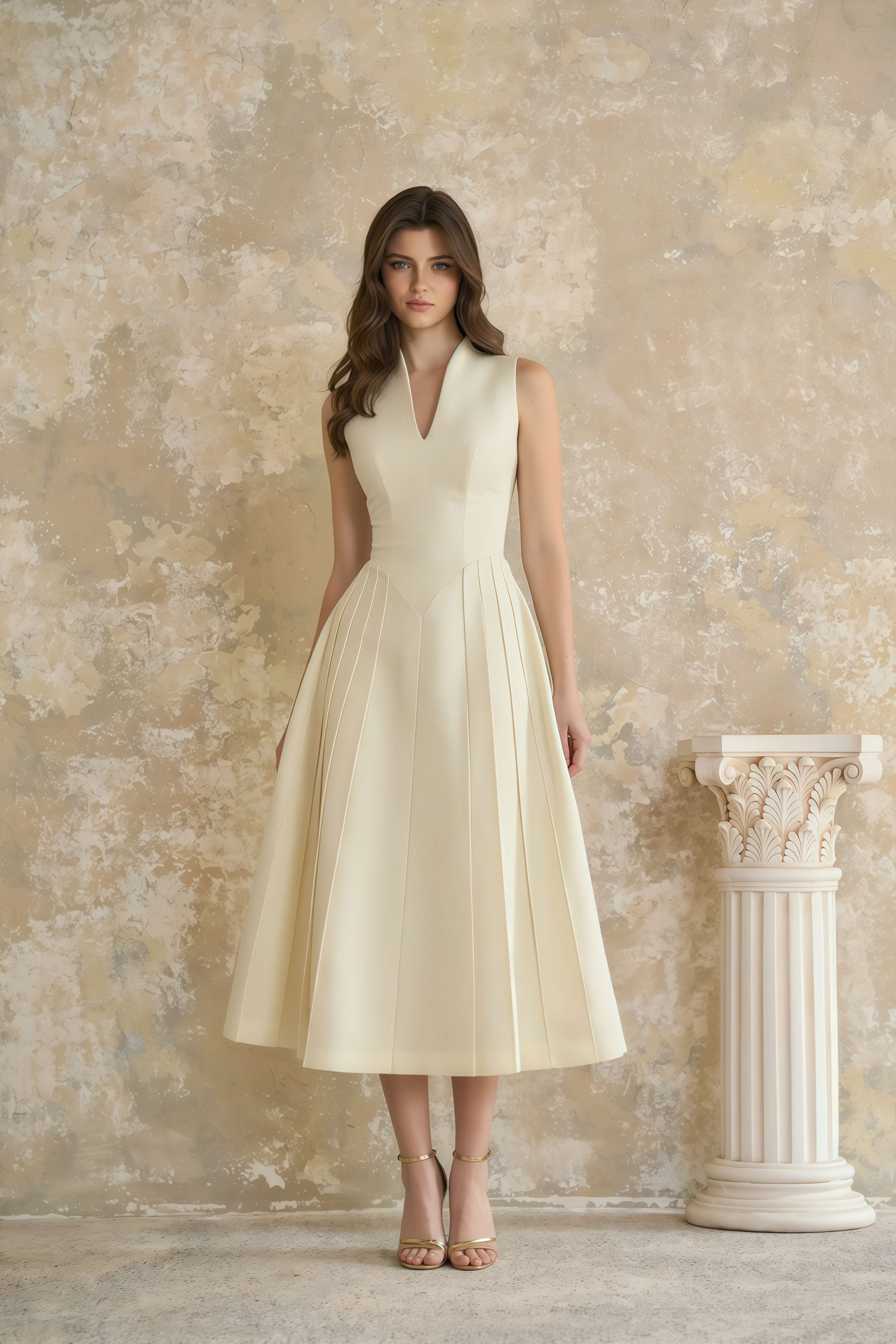 Cream midi dress with a structured capelet overlay and button details