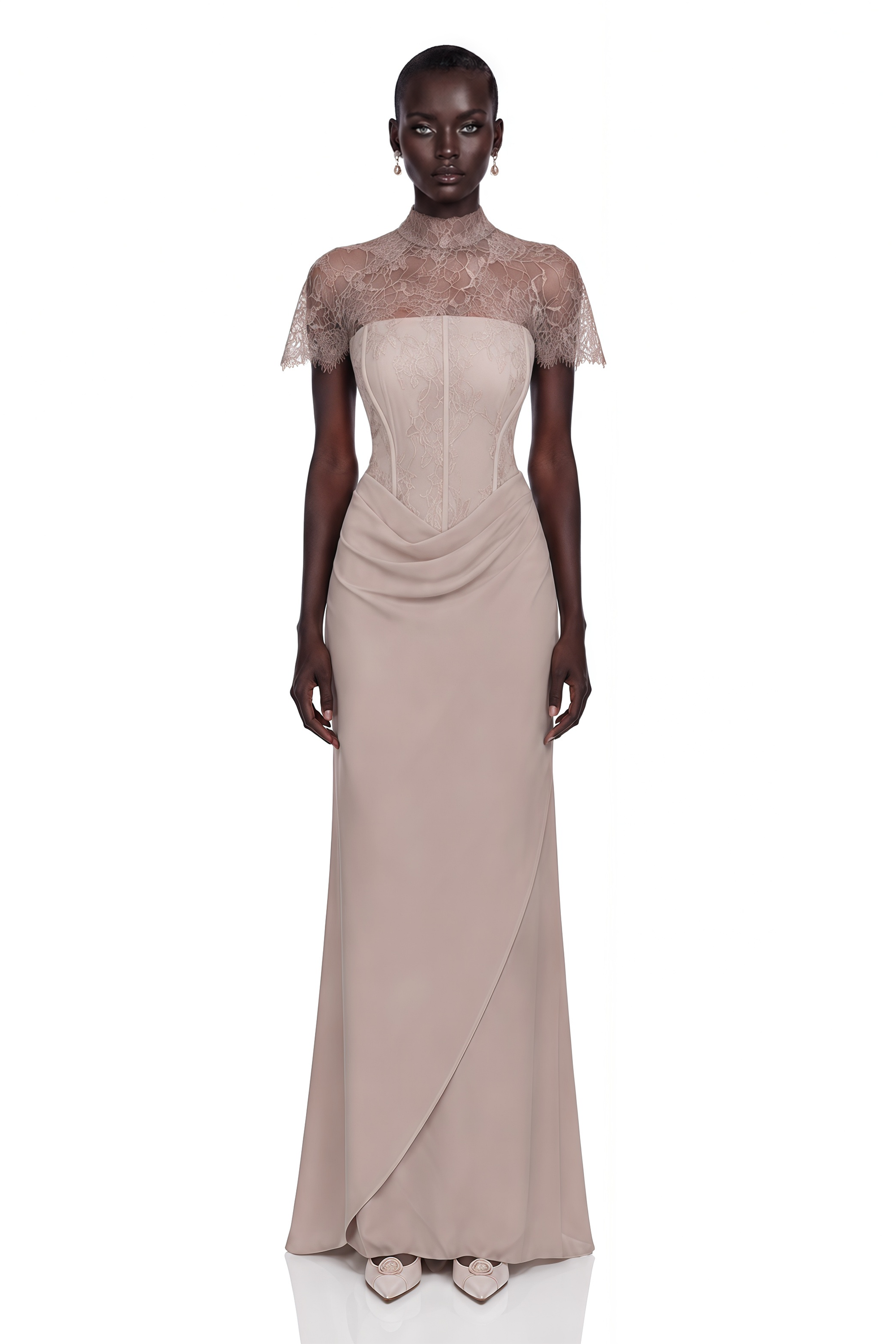Lovise Neutral Ruched Maxi Dress with Lace Cape