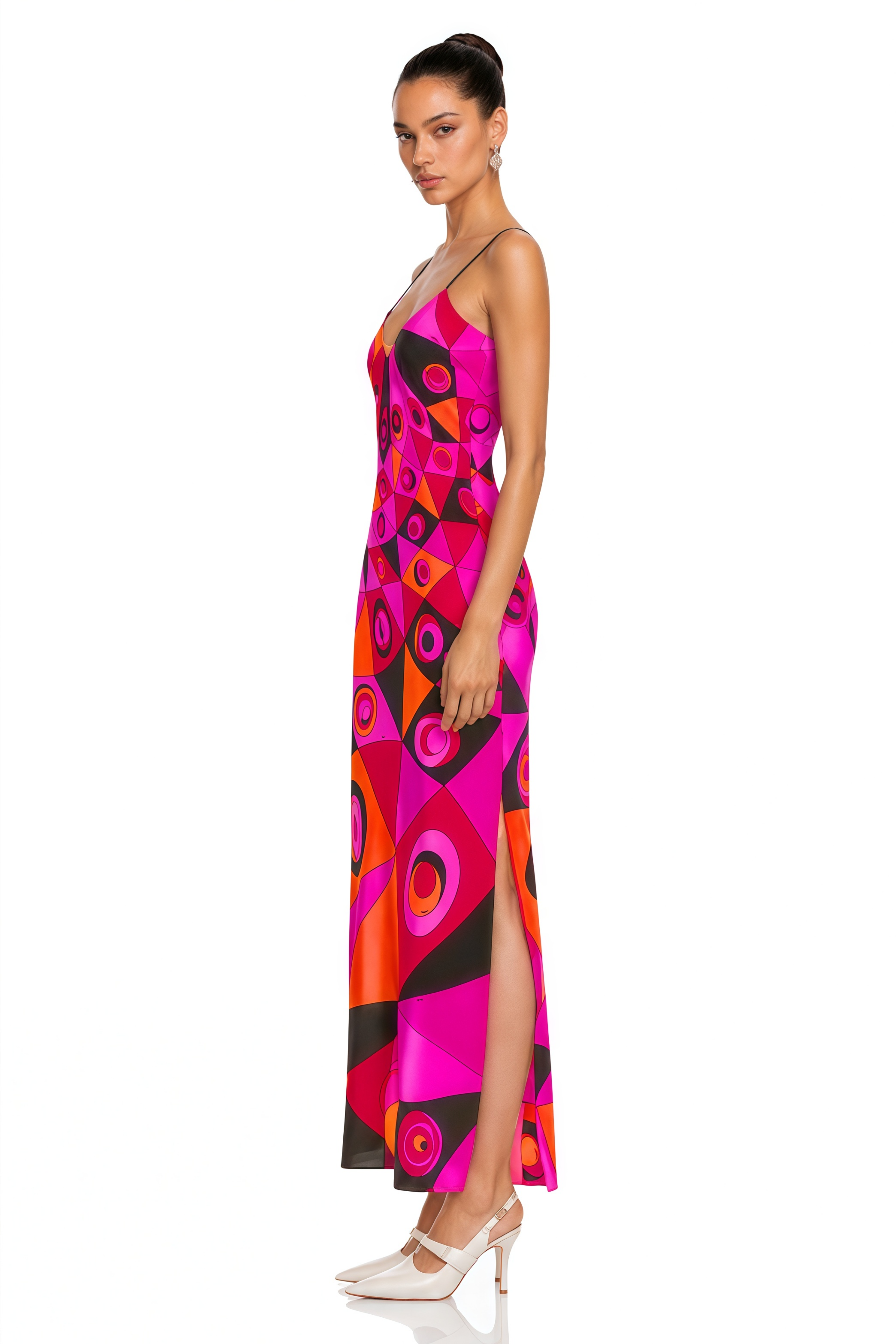 Robe longue Lucasta à col en V rouge avec effet color block