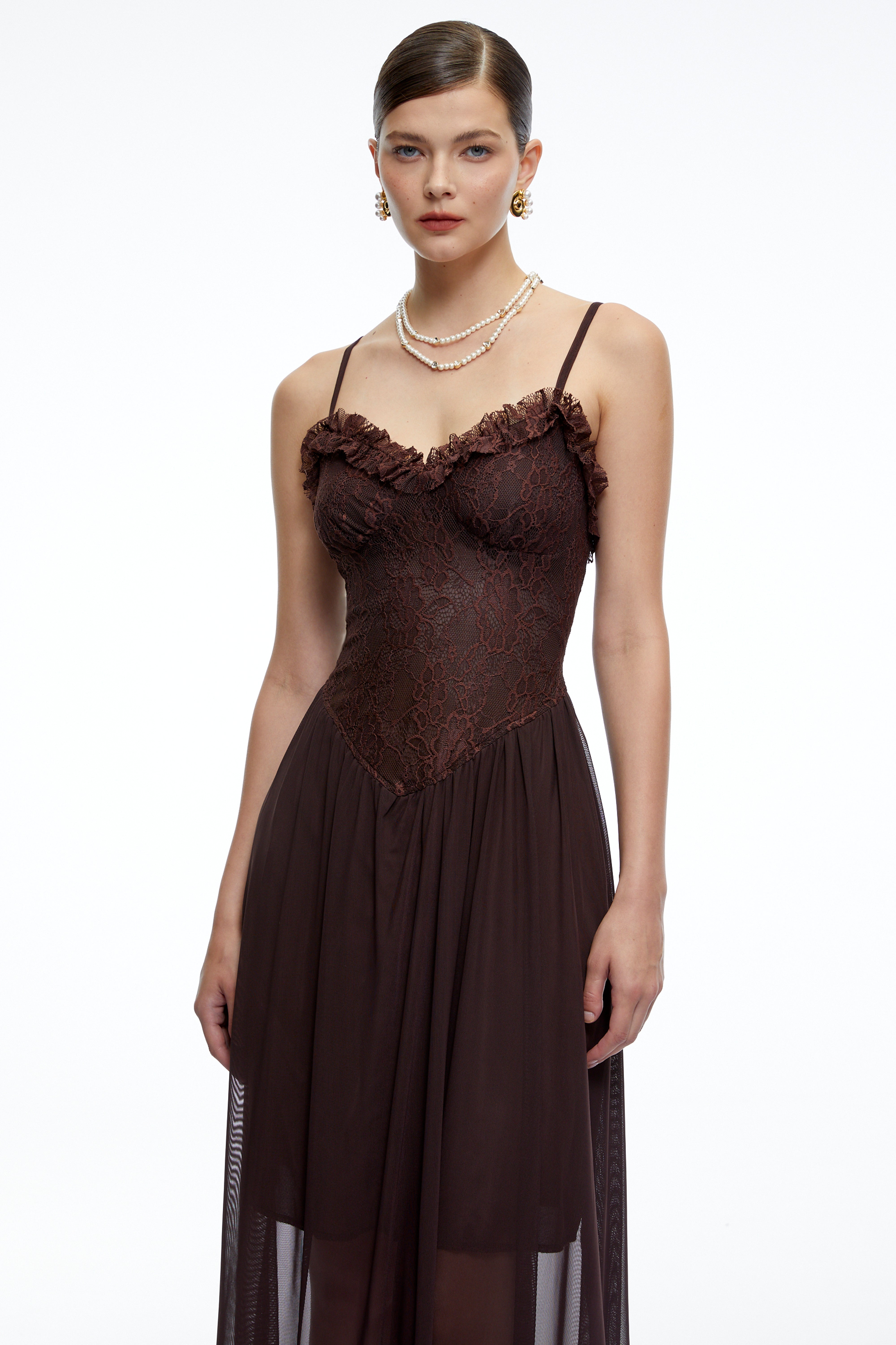 Luciana Chocolate Brown Ruffled Midi Dress with Lace Panels