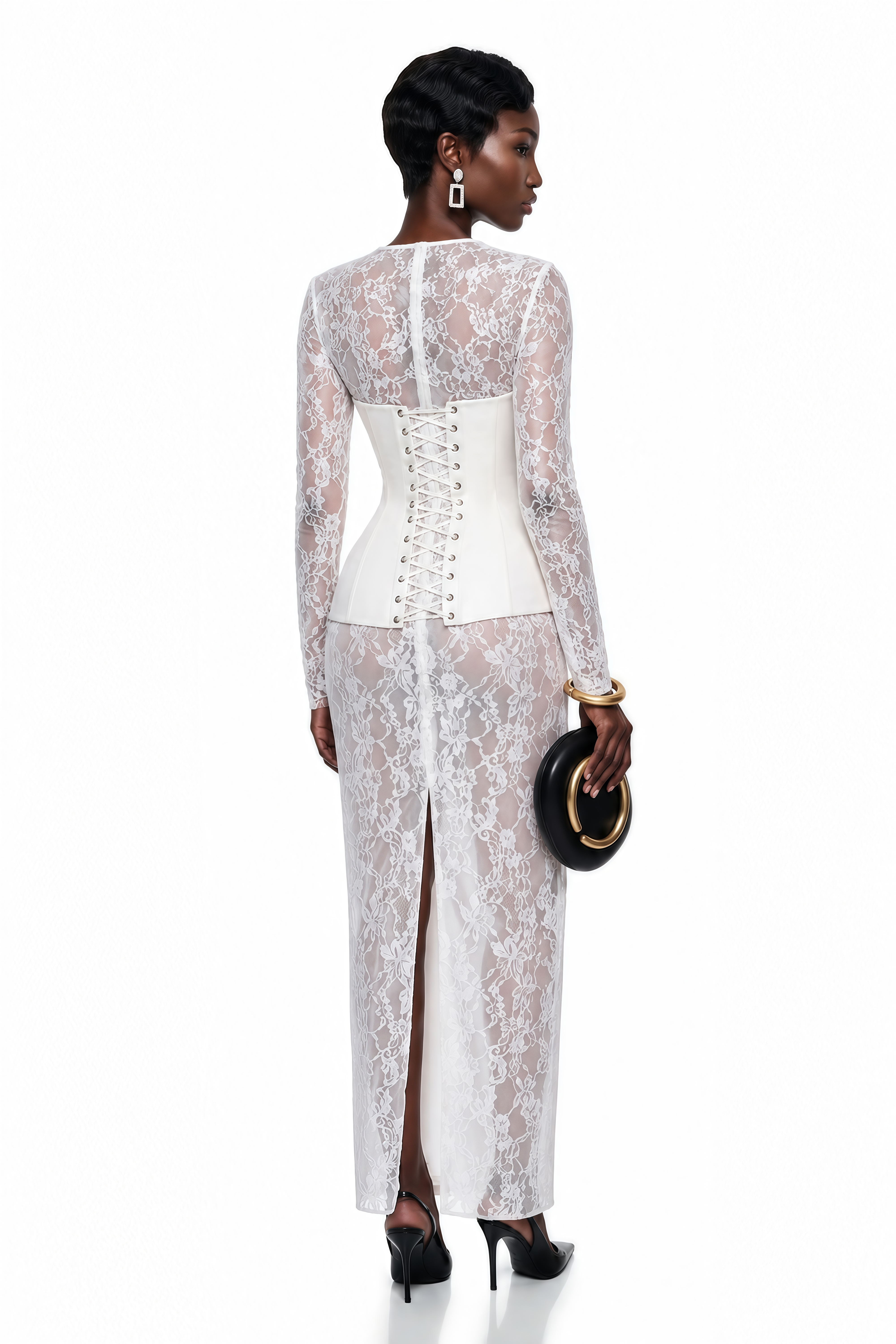 White sheer lace long-sleeve maxi dress featuring a structured white satin corset bodice
