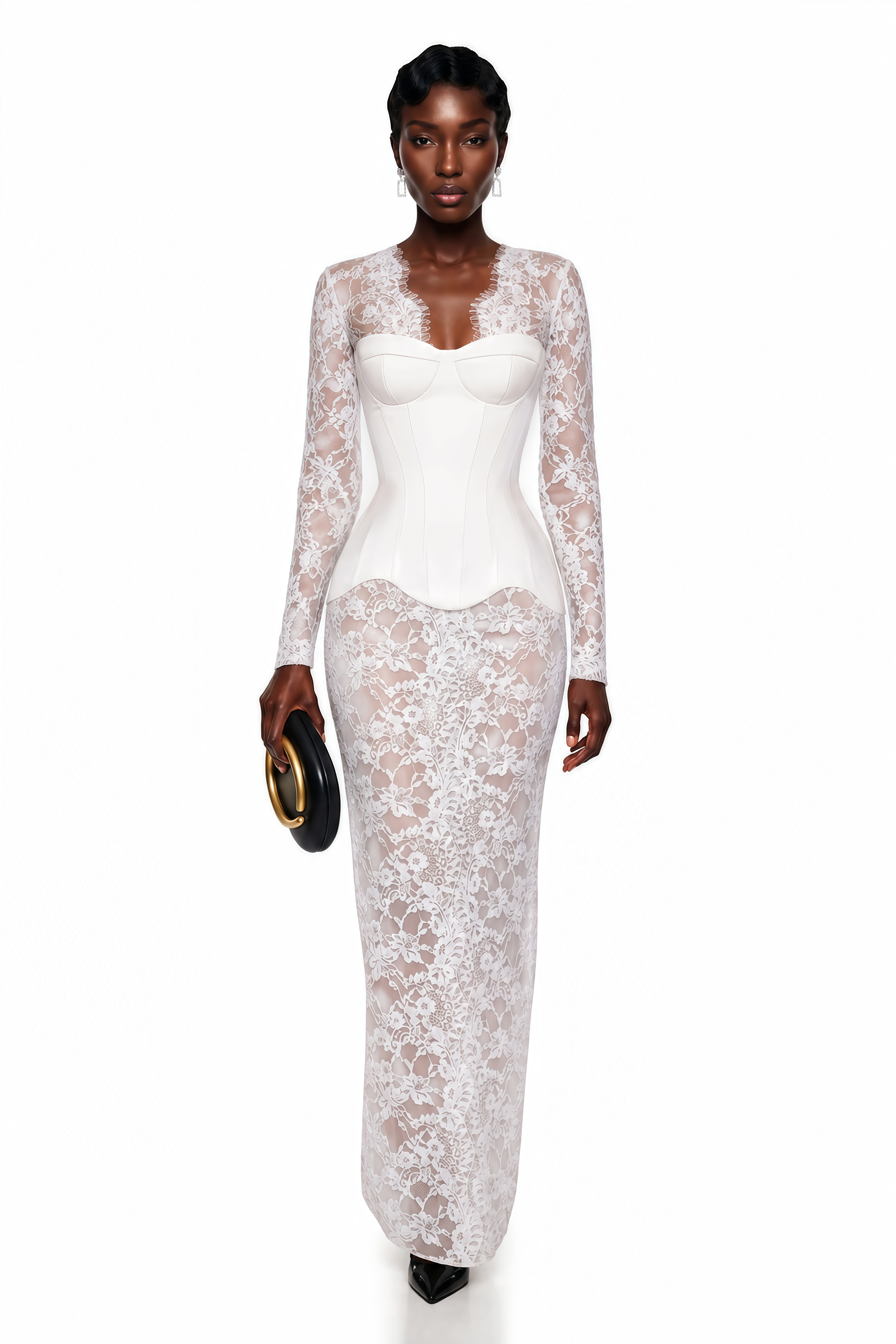 White sheer lace long-sleeve maxi dress featuring a structured white satin corset bodice