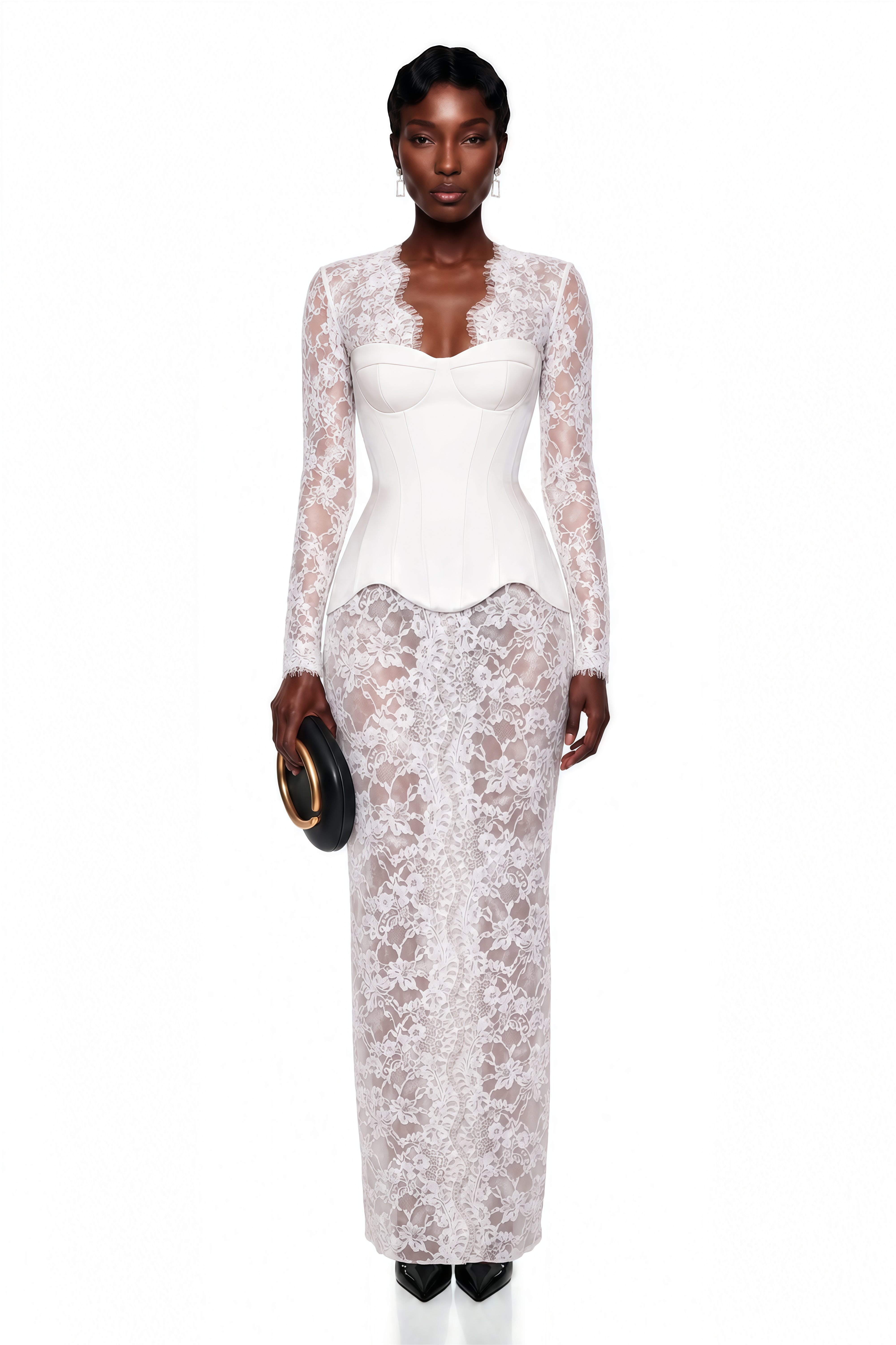 White sheer lace long-sleeve maxi dress featuring a structured white satin corset bodice