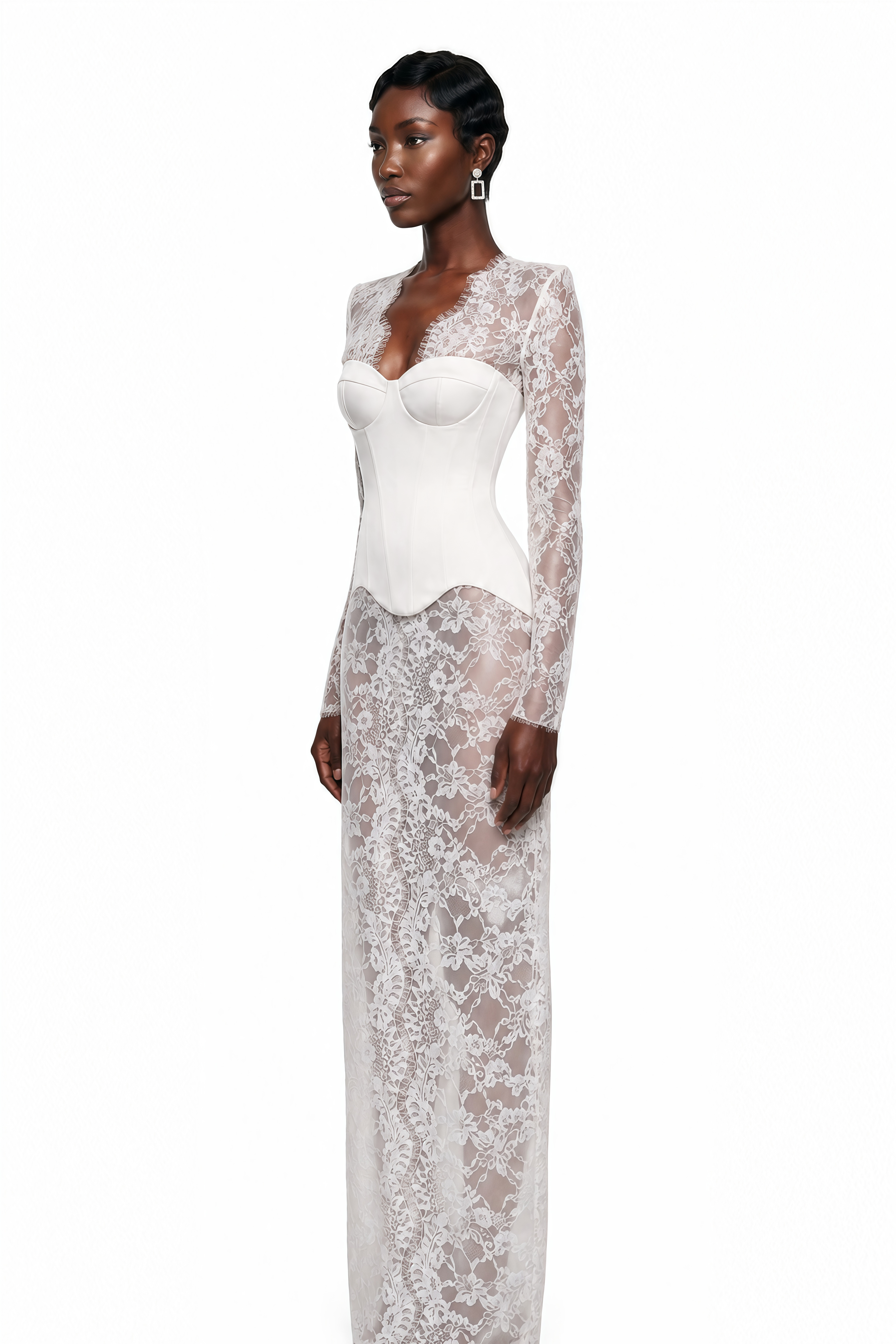 White sheer lace long-sleeve maxi dress featuring a structured white satin corset bodice