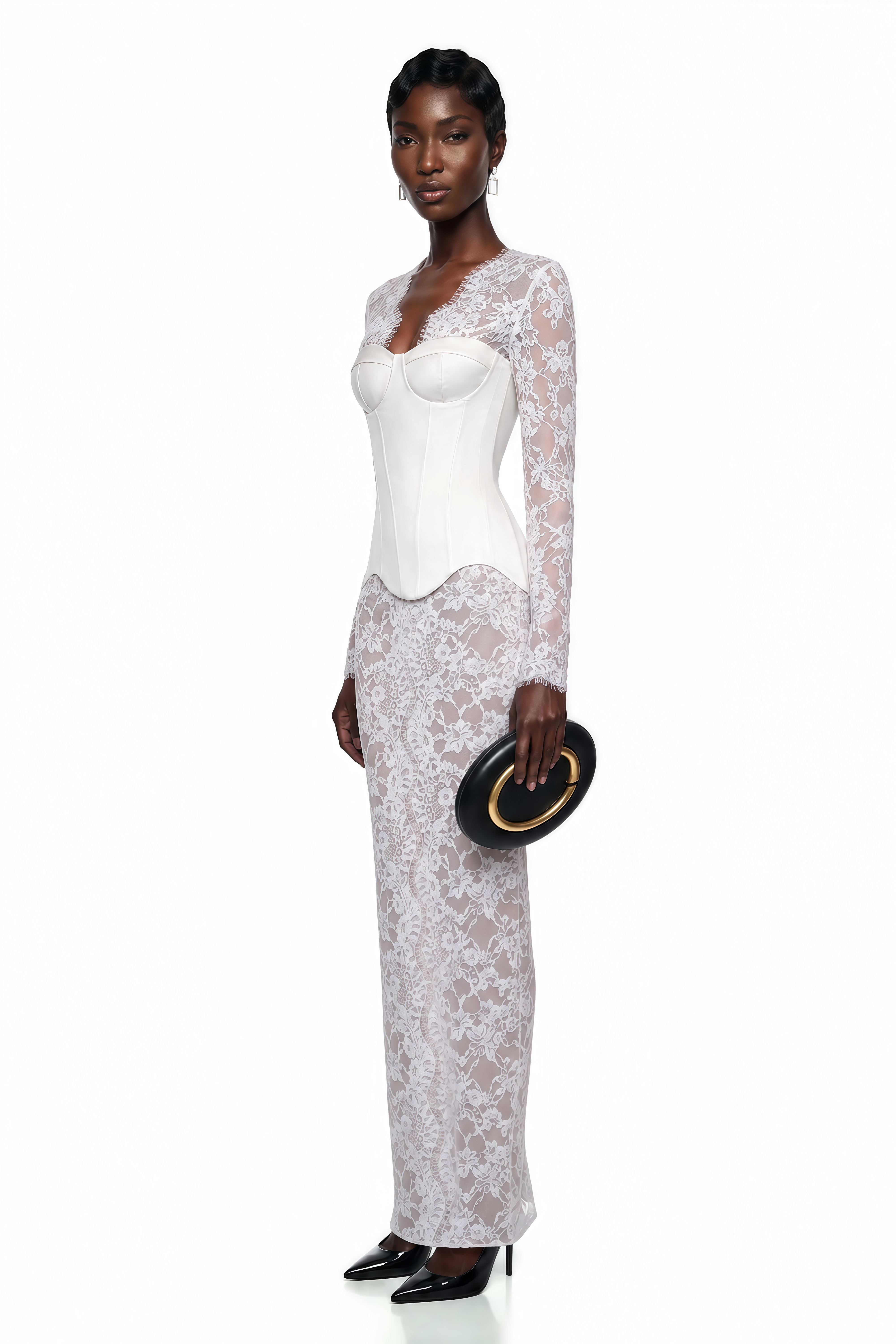 White sheer lace long-sleeve maxi dress featuring a structured white satin corset bodice