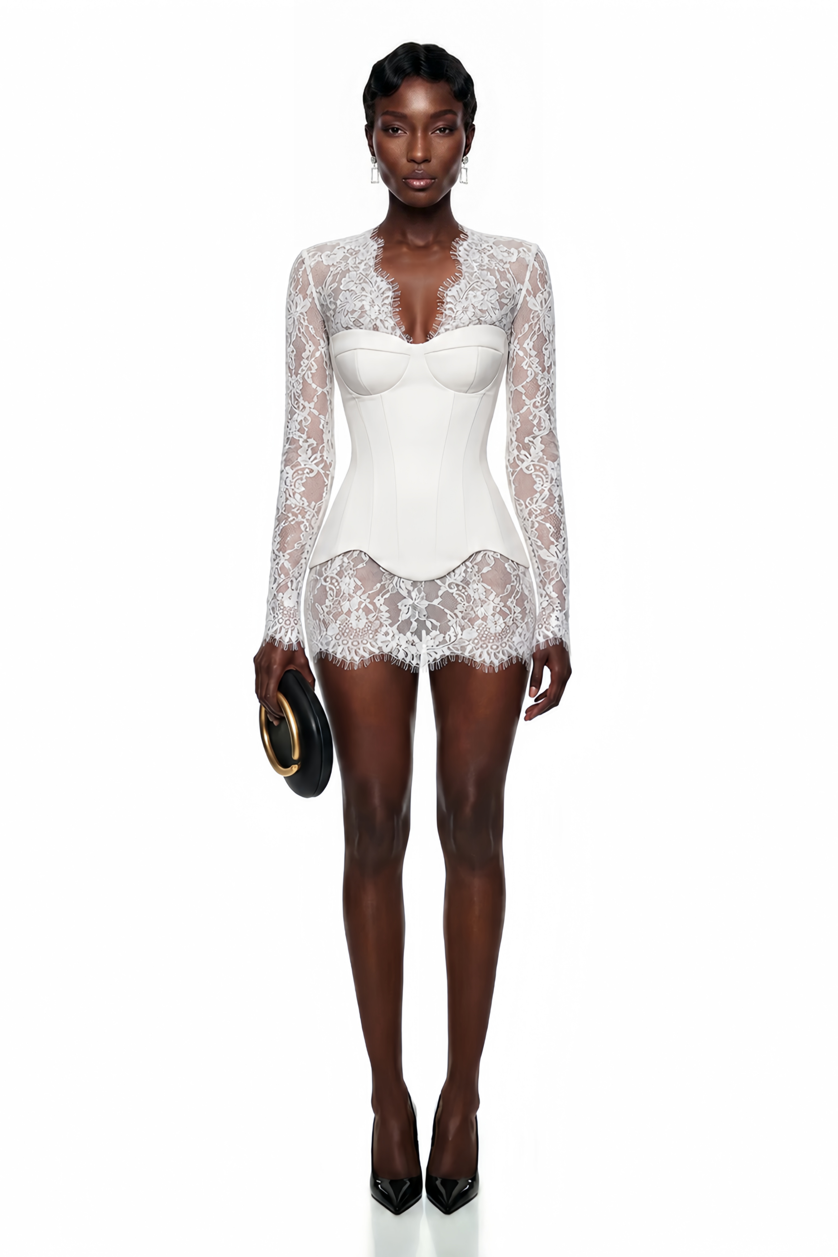 White mini dress featuring a long-sleeve sheer floral lace overlay and a structured corset bodice with an asymmetric hem