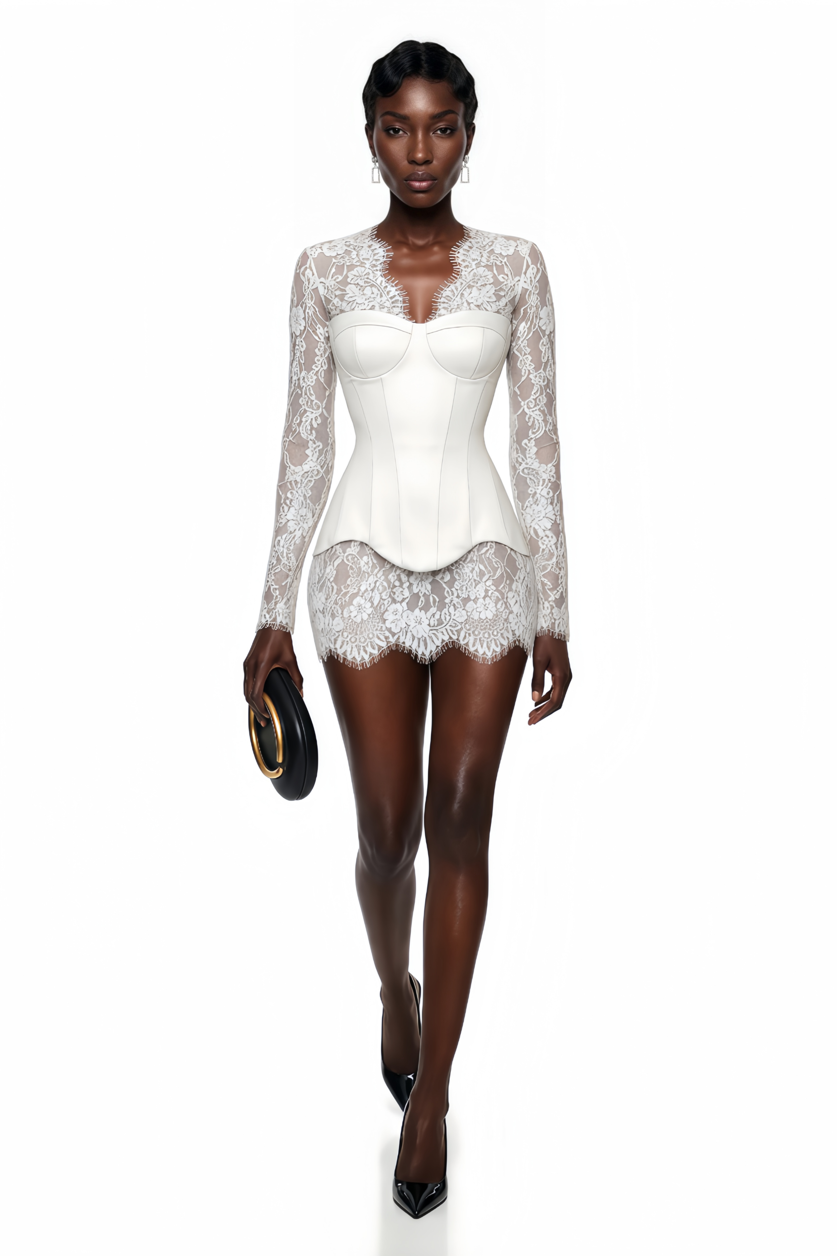 White mini dress featuring a long-sleeve sheer floral lace overlay and a structured corset bodice with an asymmetric hem