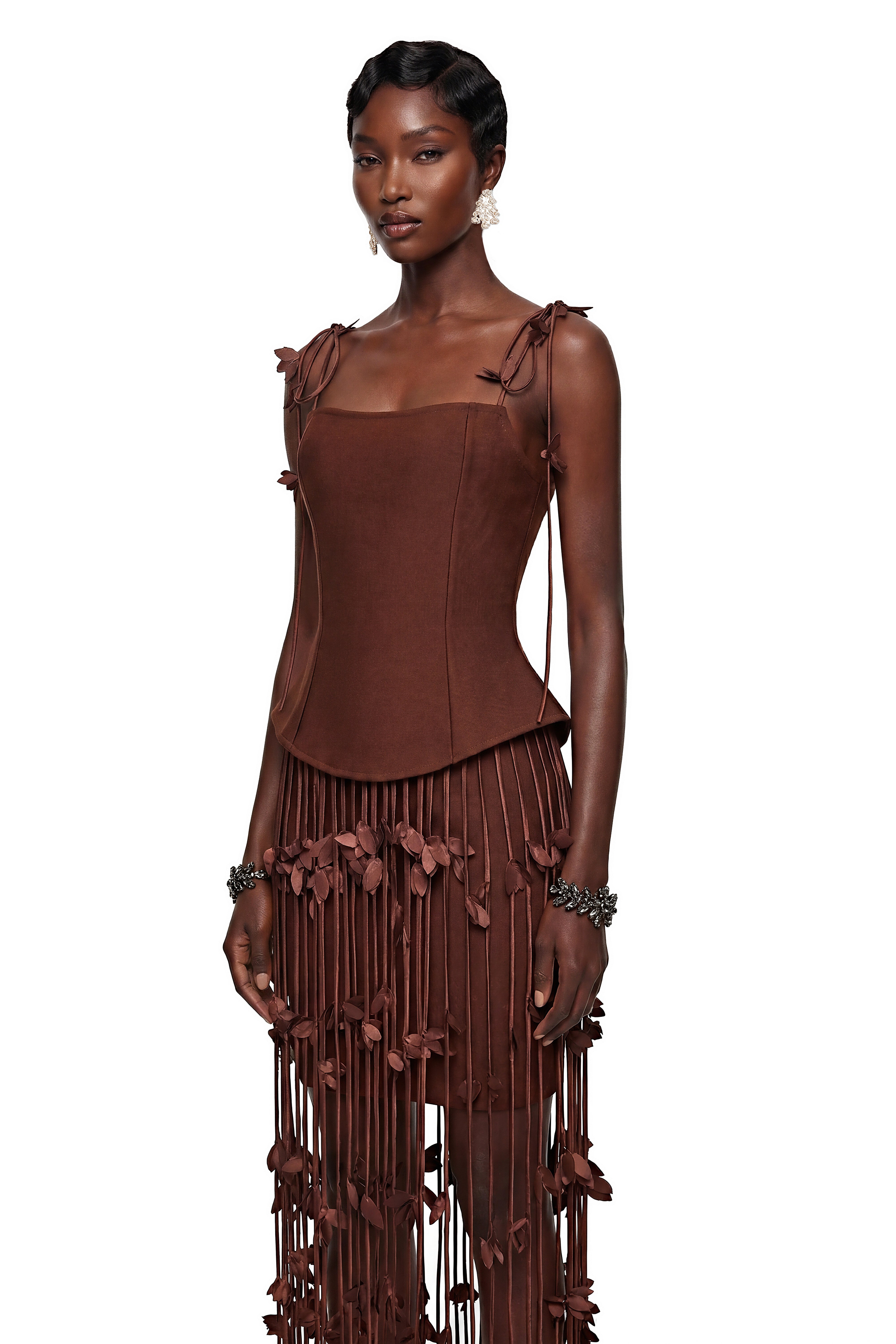 Ludmila Brown Tassel Mini Dress with 3D Florals