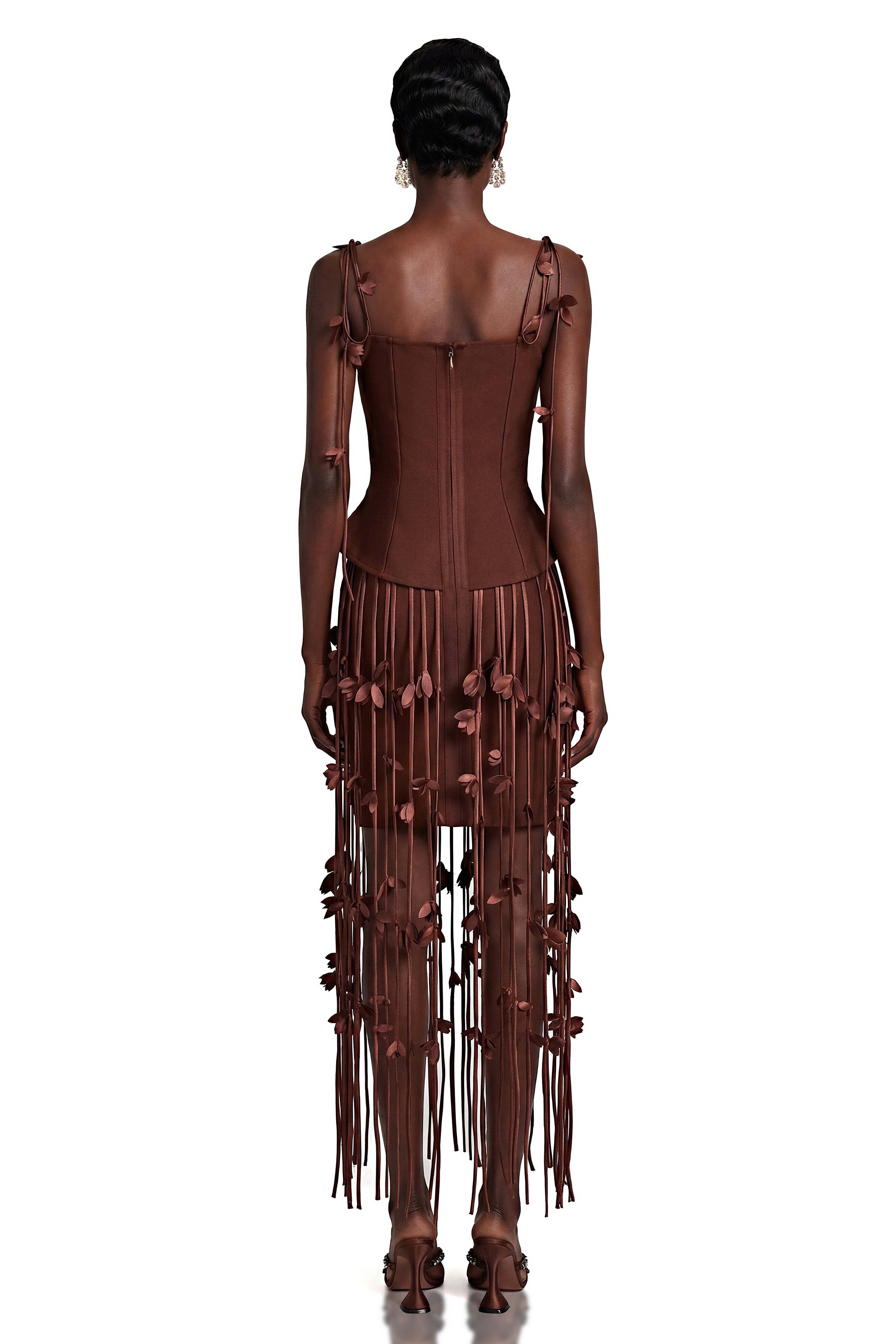 Ludmila Brown Tassel Mini Dress with 3D Florals