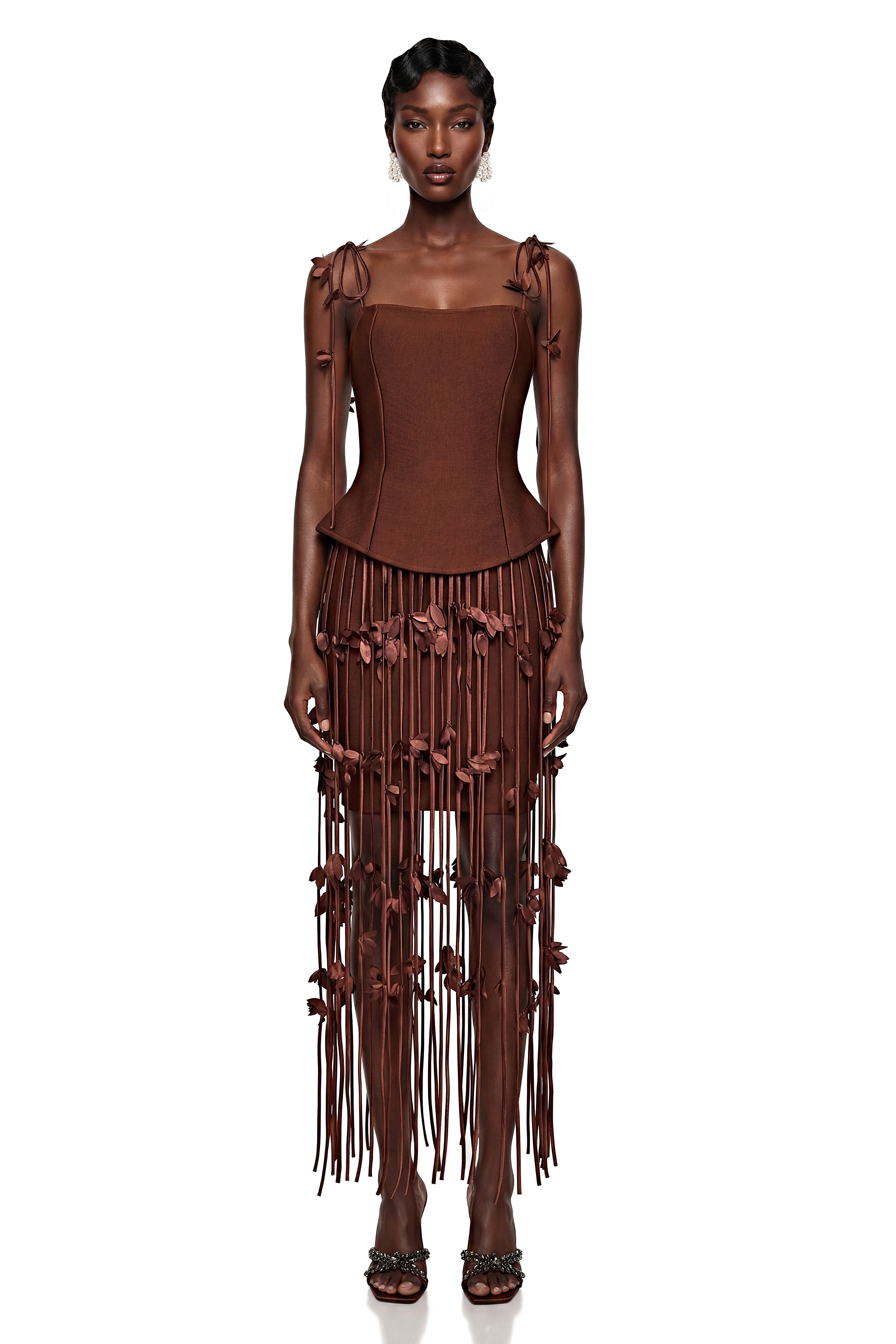 Ludmila Brown Tassel Mini Dress with 3D Florals