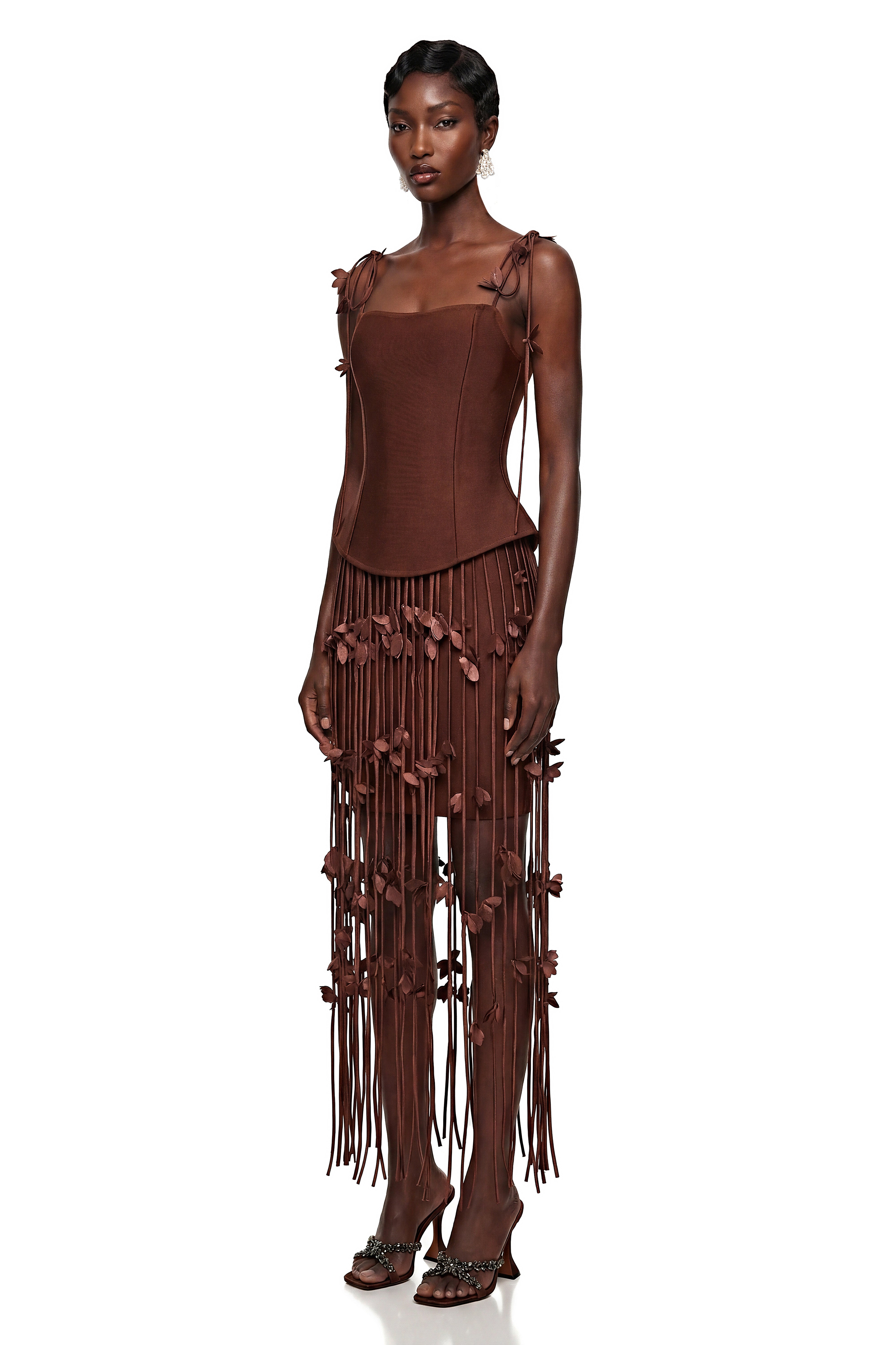 Ludmila Brown Tassel Mini Dress with 3D Florals