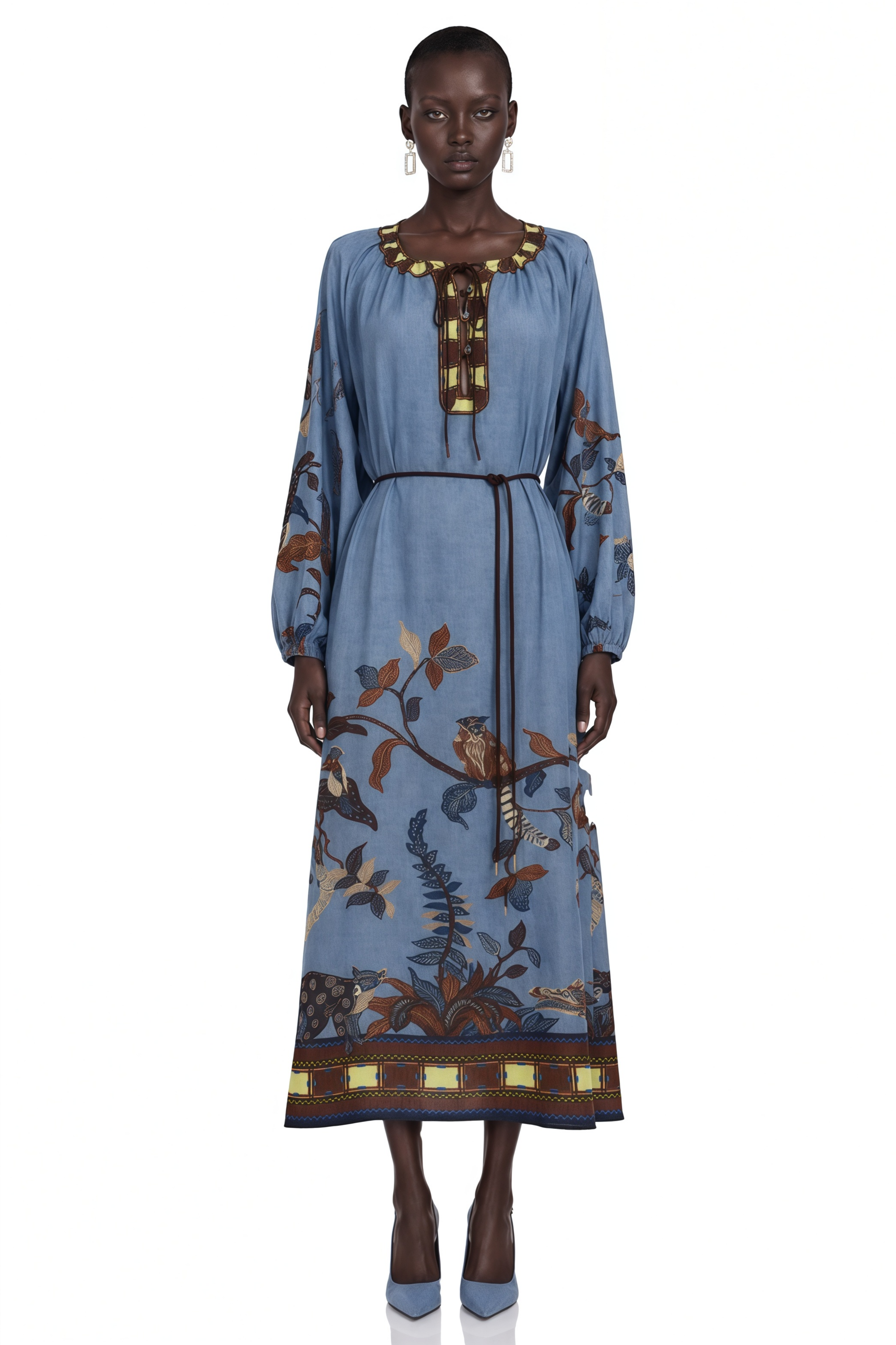 Lunaria Blue Printed Long Sleeve Midi Dress