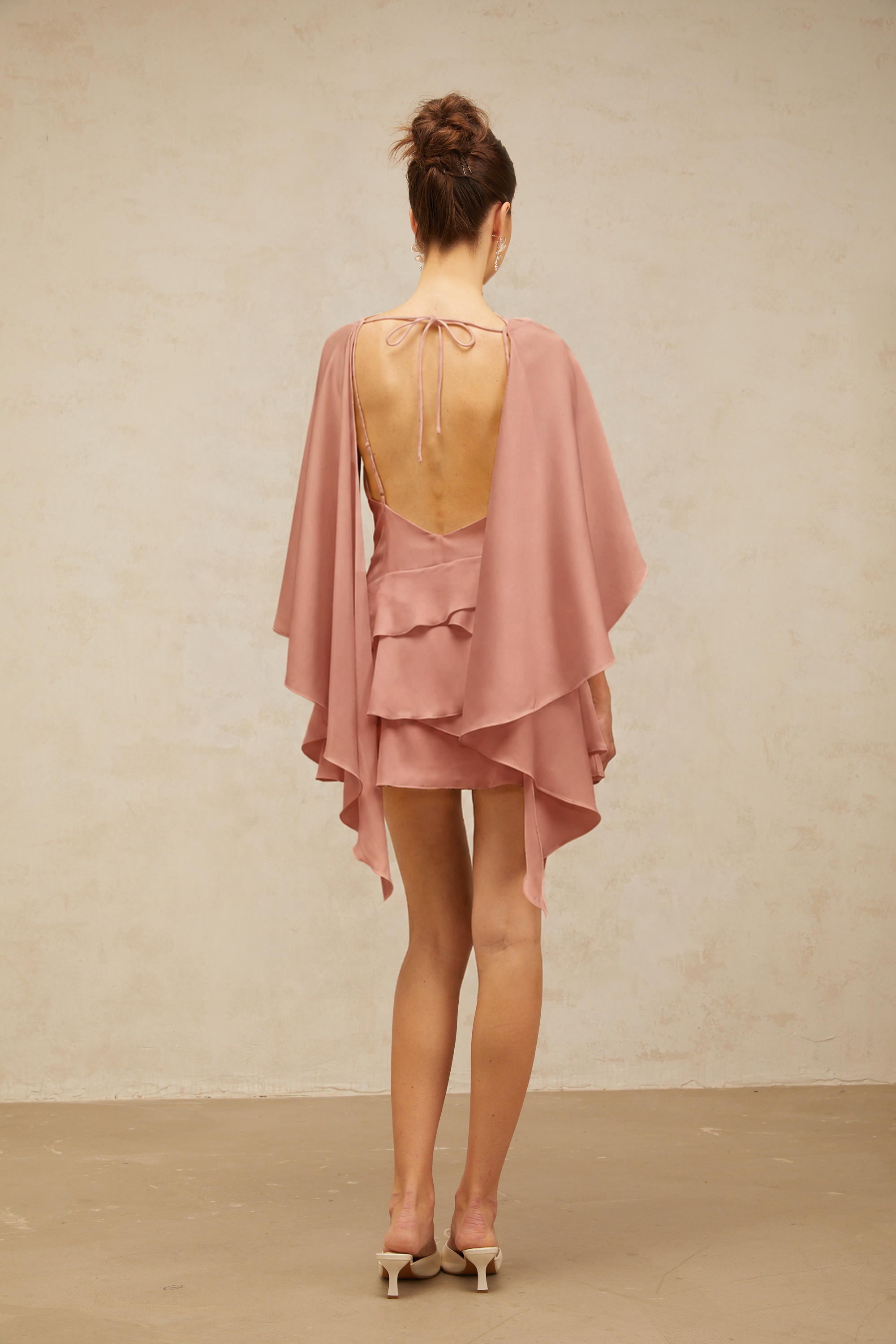 Lyna Pink Satin Ruffled Mini Dress with Shawl Panel Detail (Final Sale)