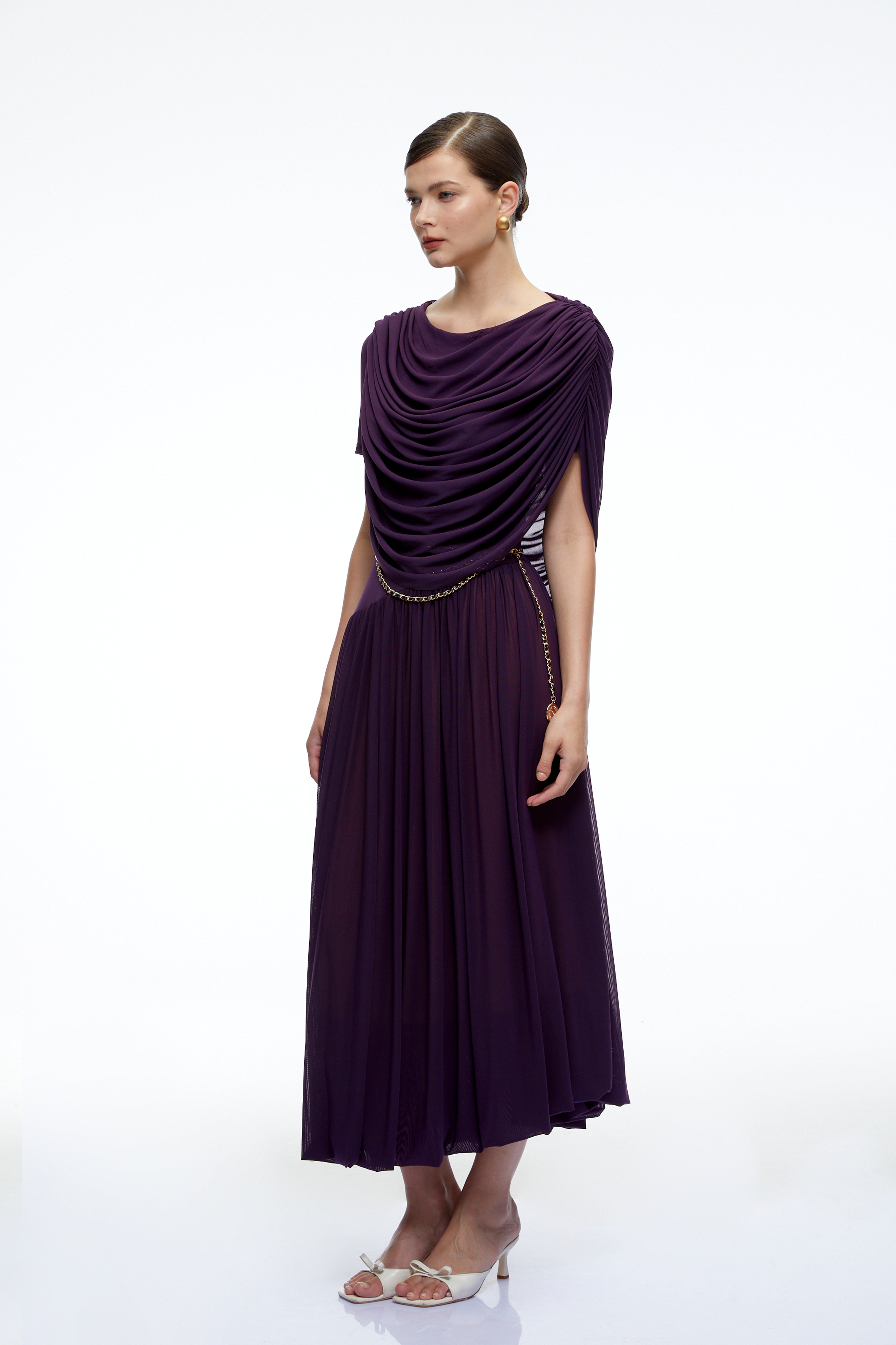 Lysiane Purple Draped Cape Pleated Midi Dress