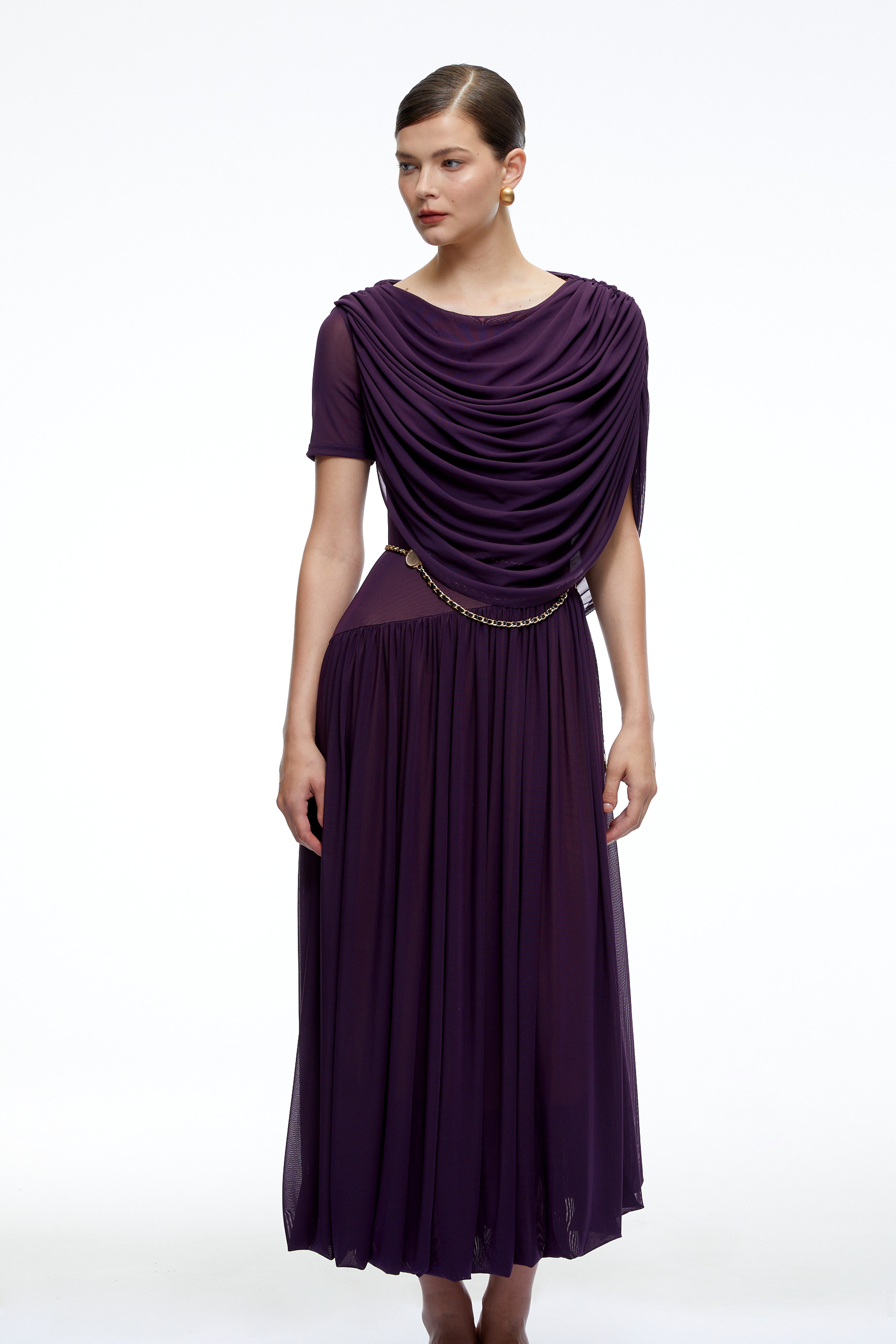 Lysiane Purple Draped Cape Pleated Midi Dress