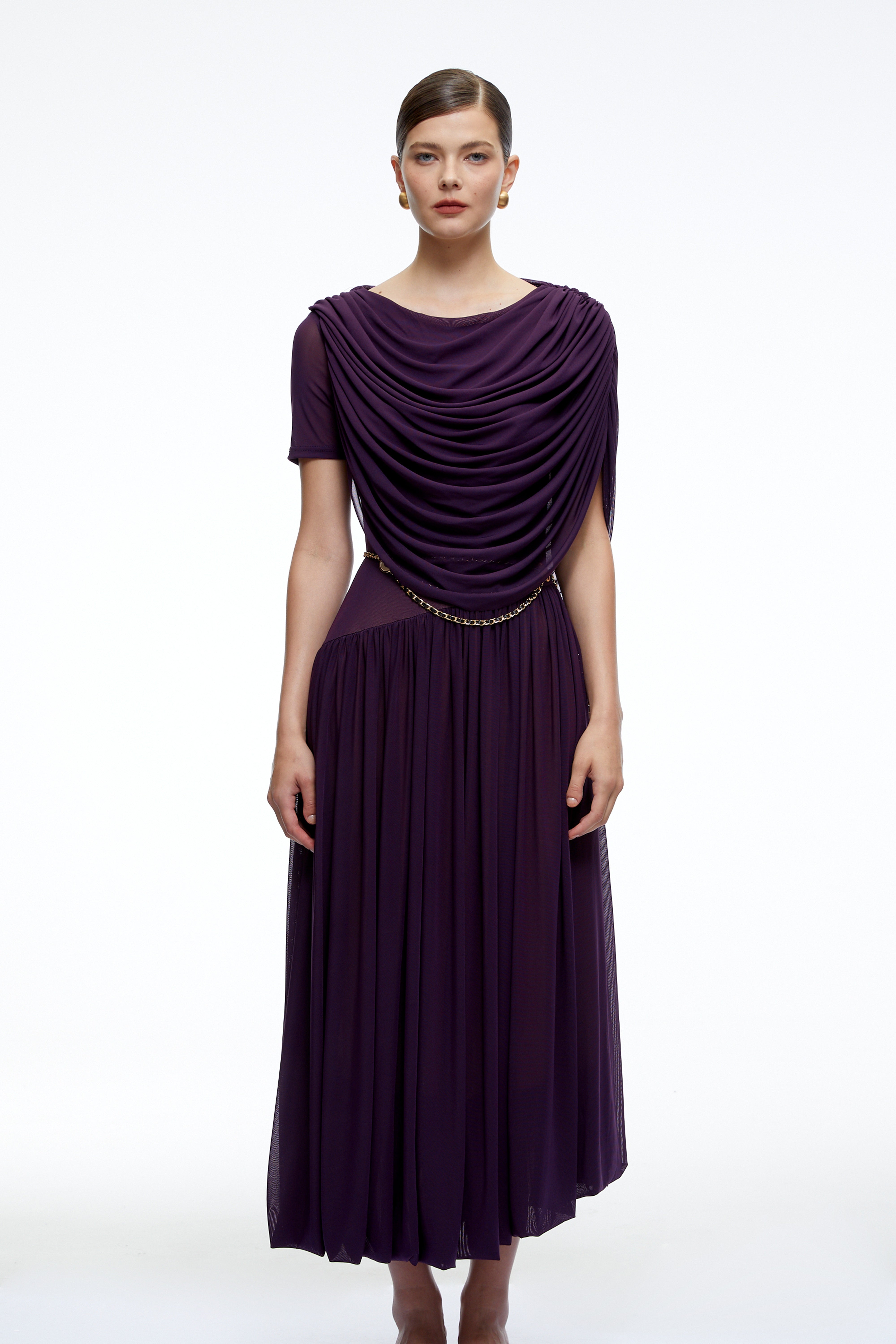 Lysiane Purple Draped Cape Pleated Midi Dress