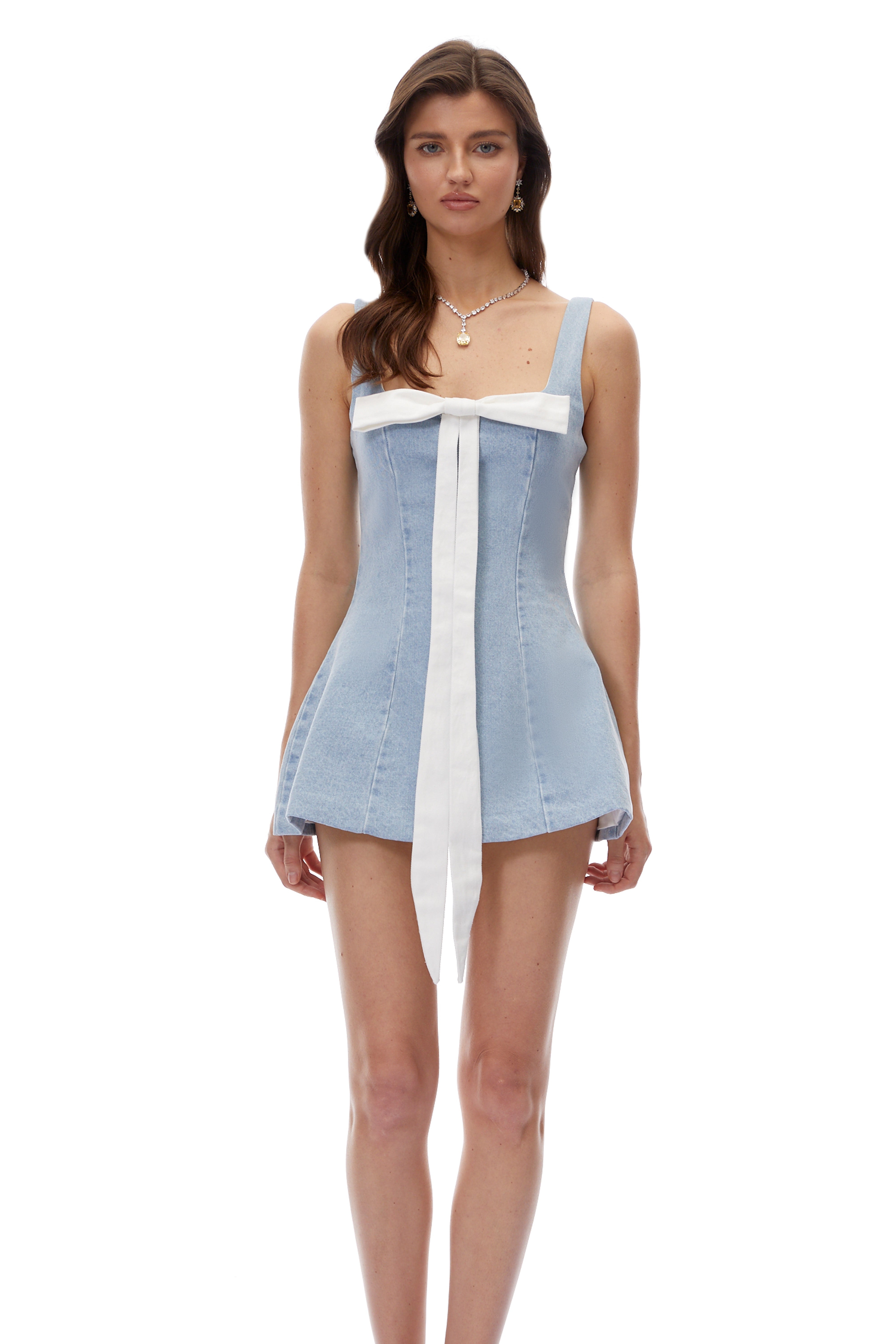 Lyubov Blue Square Neck Mini Dress with Bow