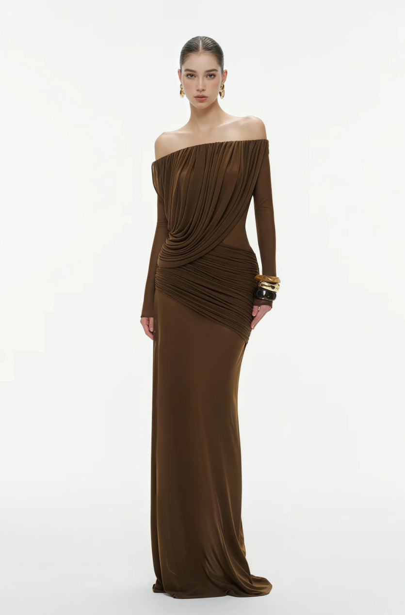 Brown Draped Maxi Dress