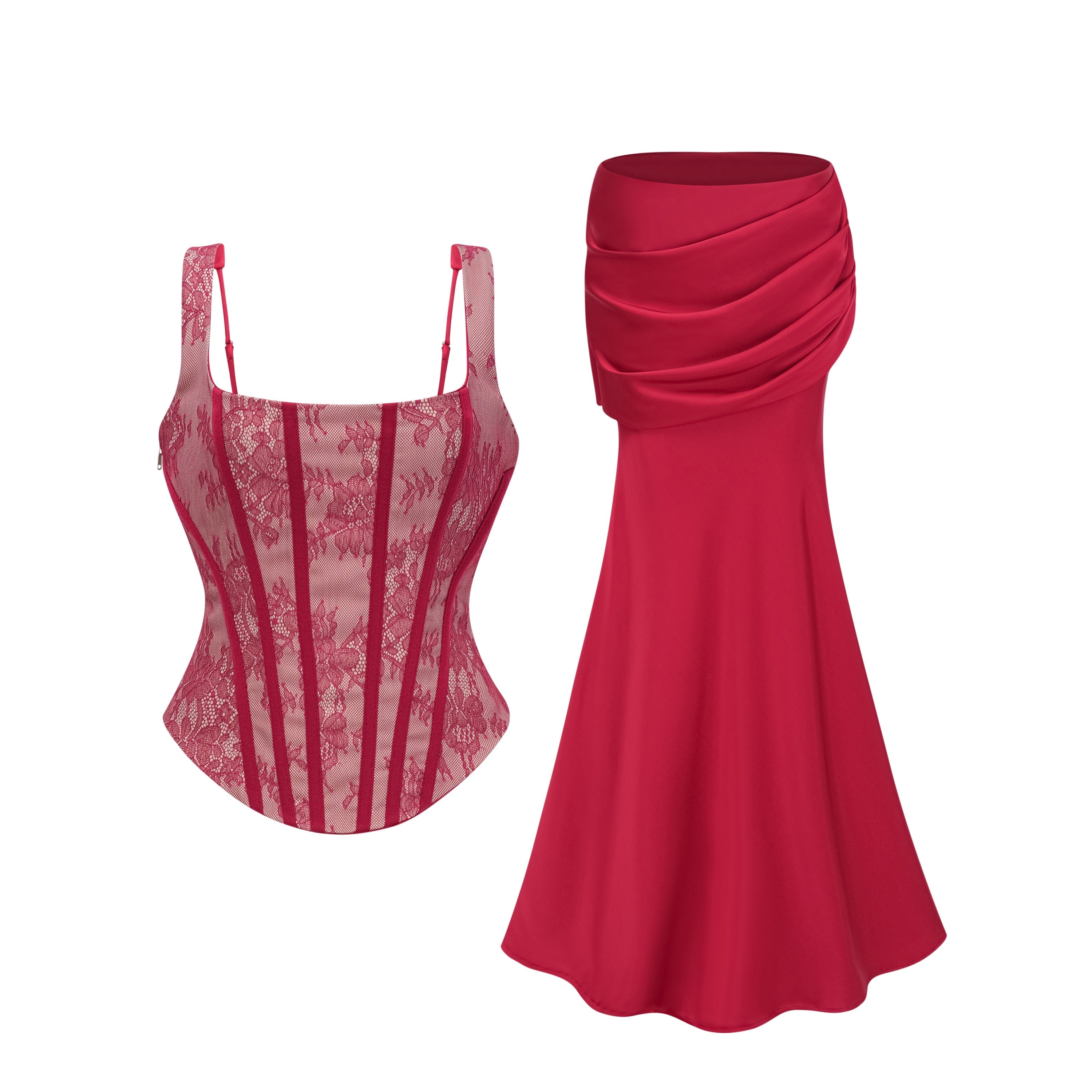 Olesya Red Lace Top & Ruched Skirt Set (Final Sale-US Only)