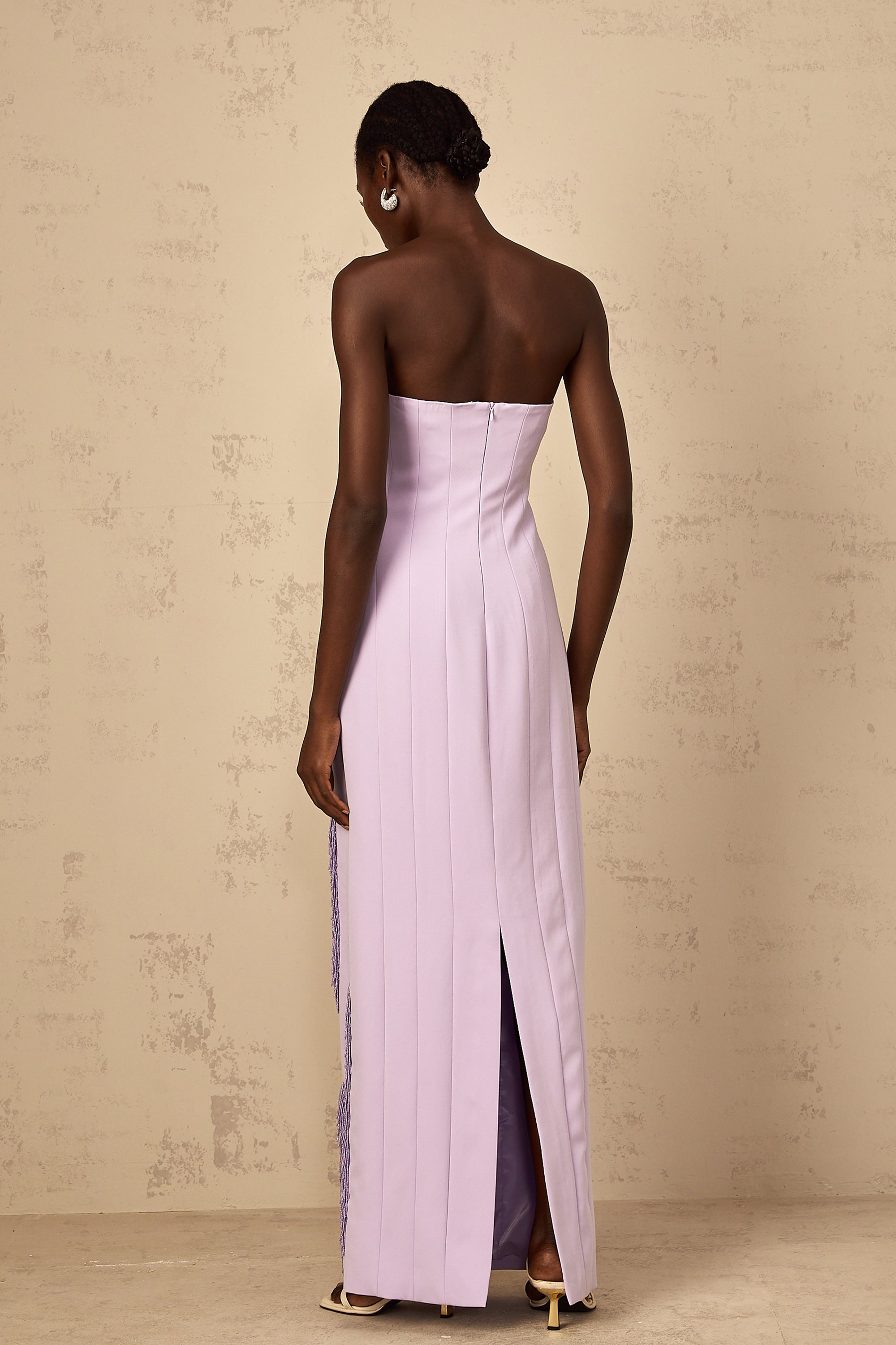 Lavender strapless maxi dress with vertical fringe detailing