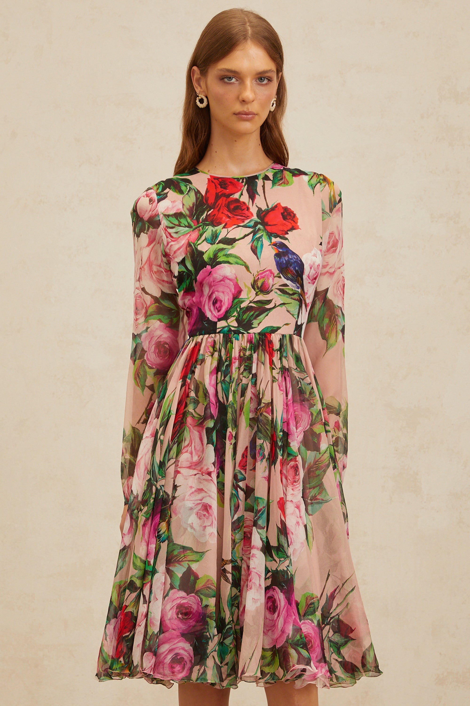 Coralie Pink Rose Print Summer Silk Midi Dress (Final Sale-US Only)