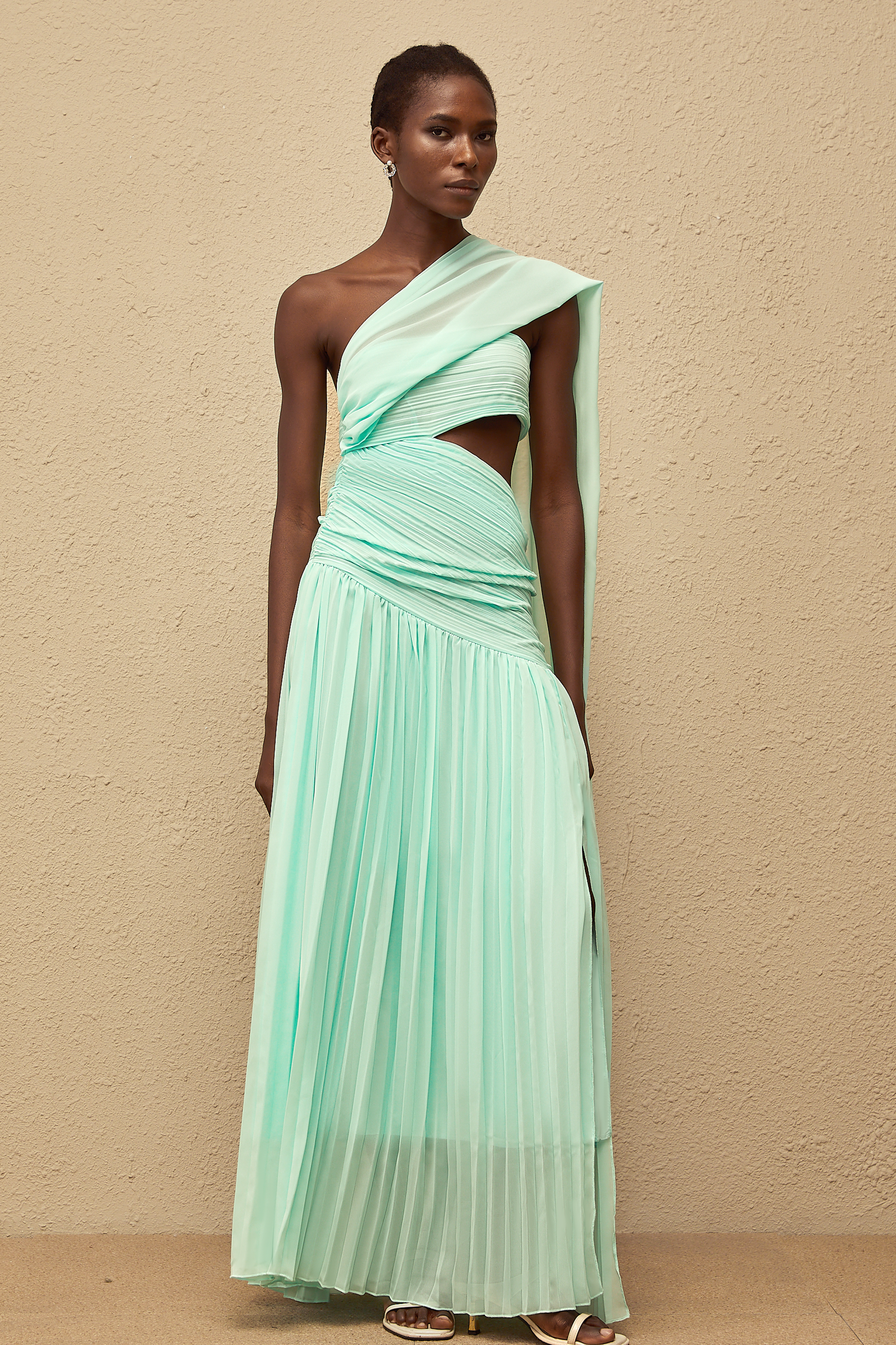 Katerina Mint Green Asymmetrical Pleated Maxi Dress (Final Sale-US Only)