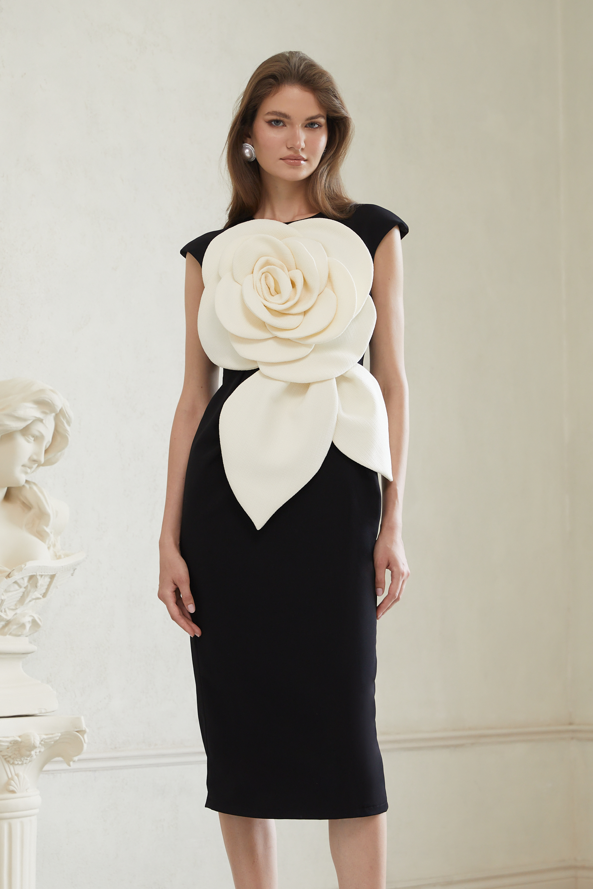 Aurélienne Black 3D Petal Pencil Midi Dress