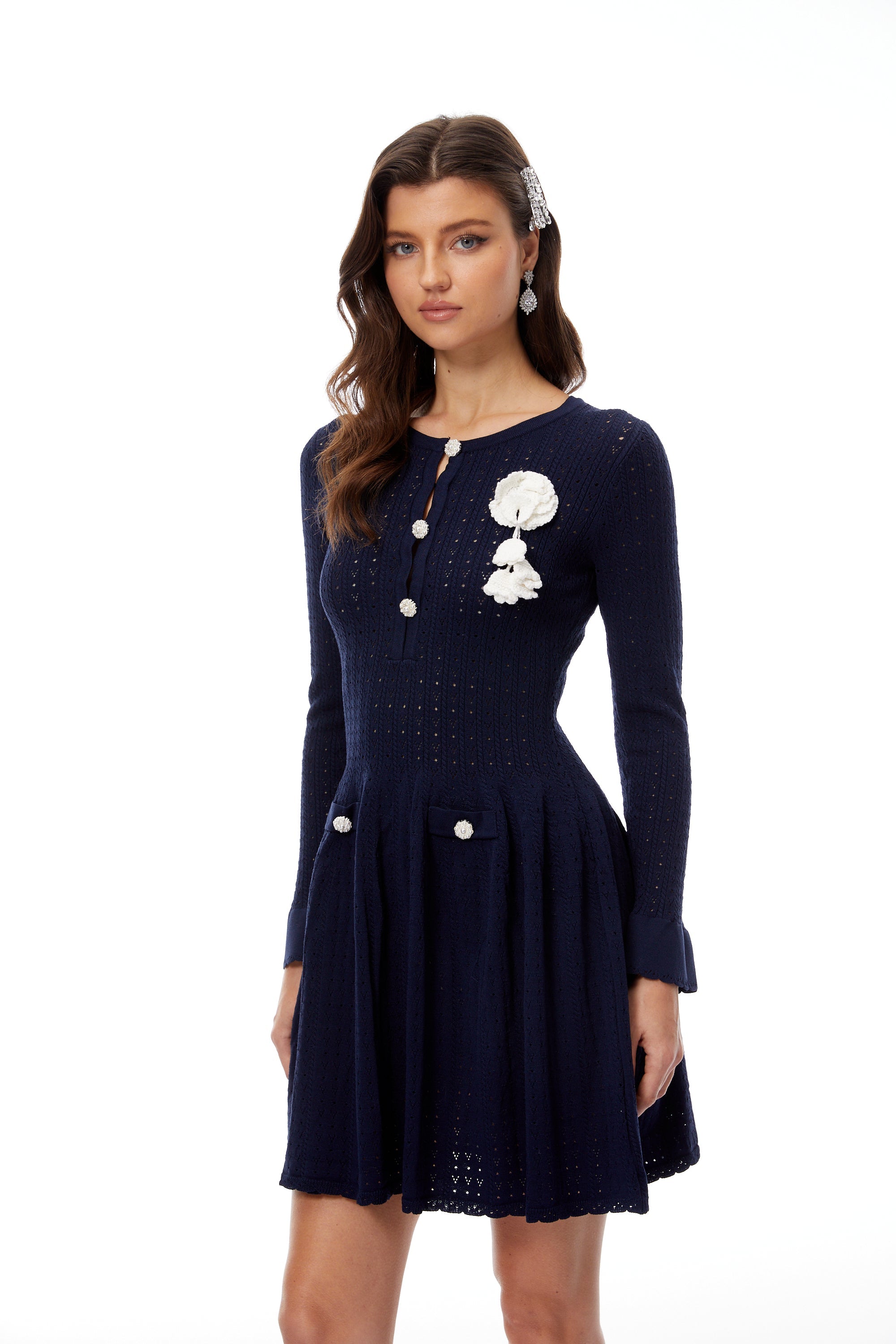Mini-robe en maille pointelle bleu marine Roxane