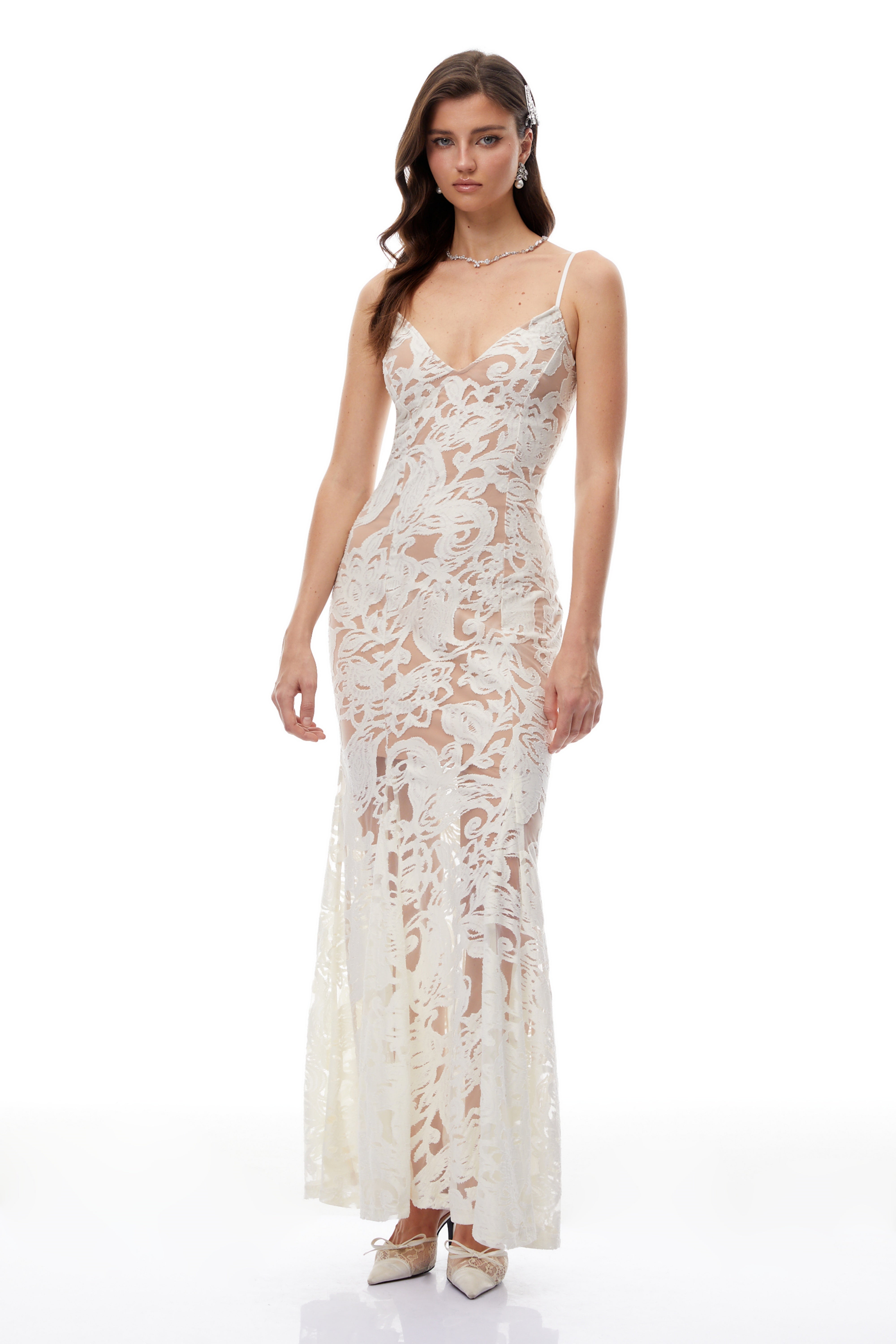 Paloma White Floral Lace Tulle Maxi Dress (Final Sale-US Only)