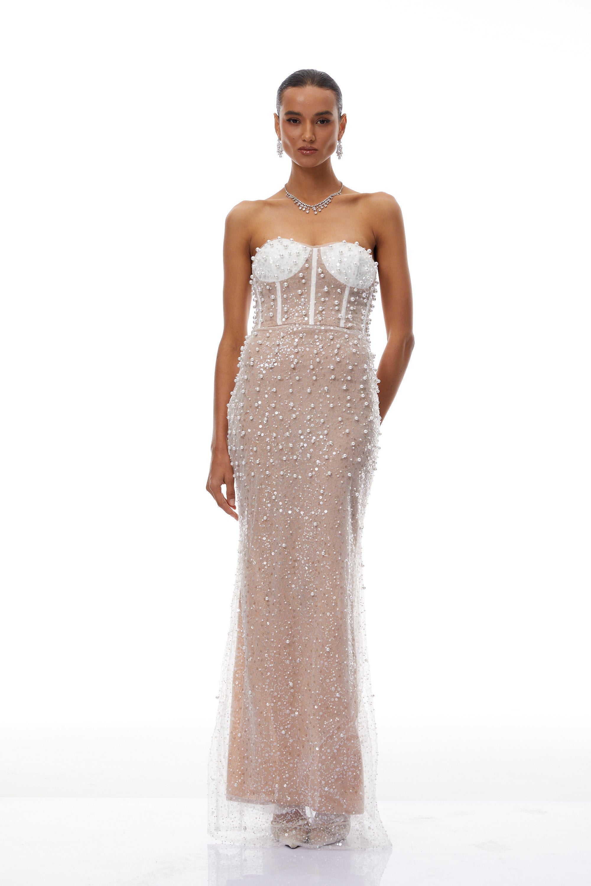 Robe longue sirène Marjorie Neutrals ornée de perles (Vente définitive)