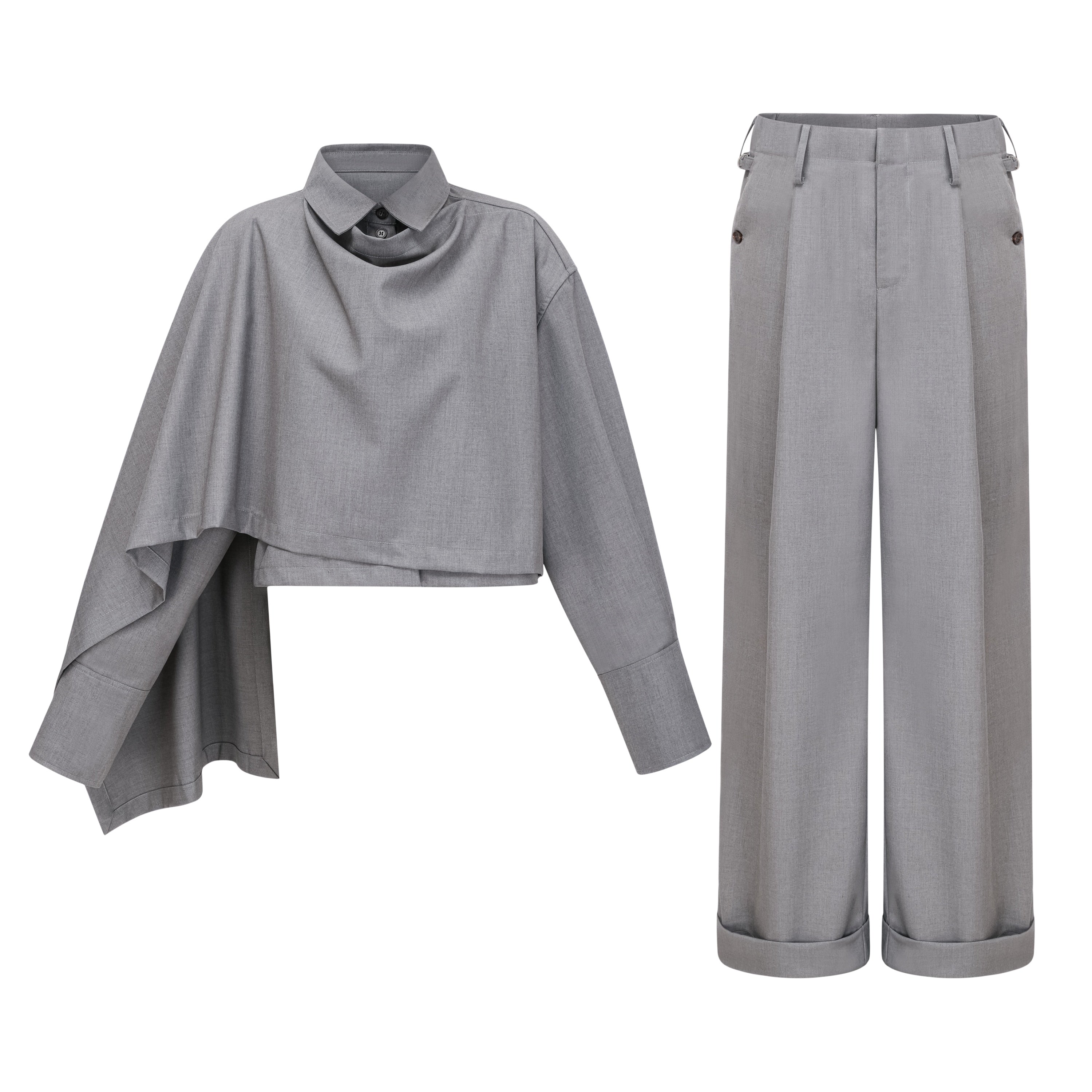 Cynthia Grey Asymmetrical Draped Shirt & Trousers Set