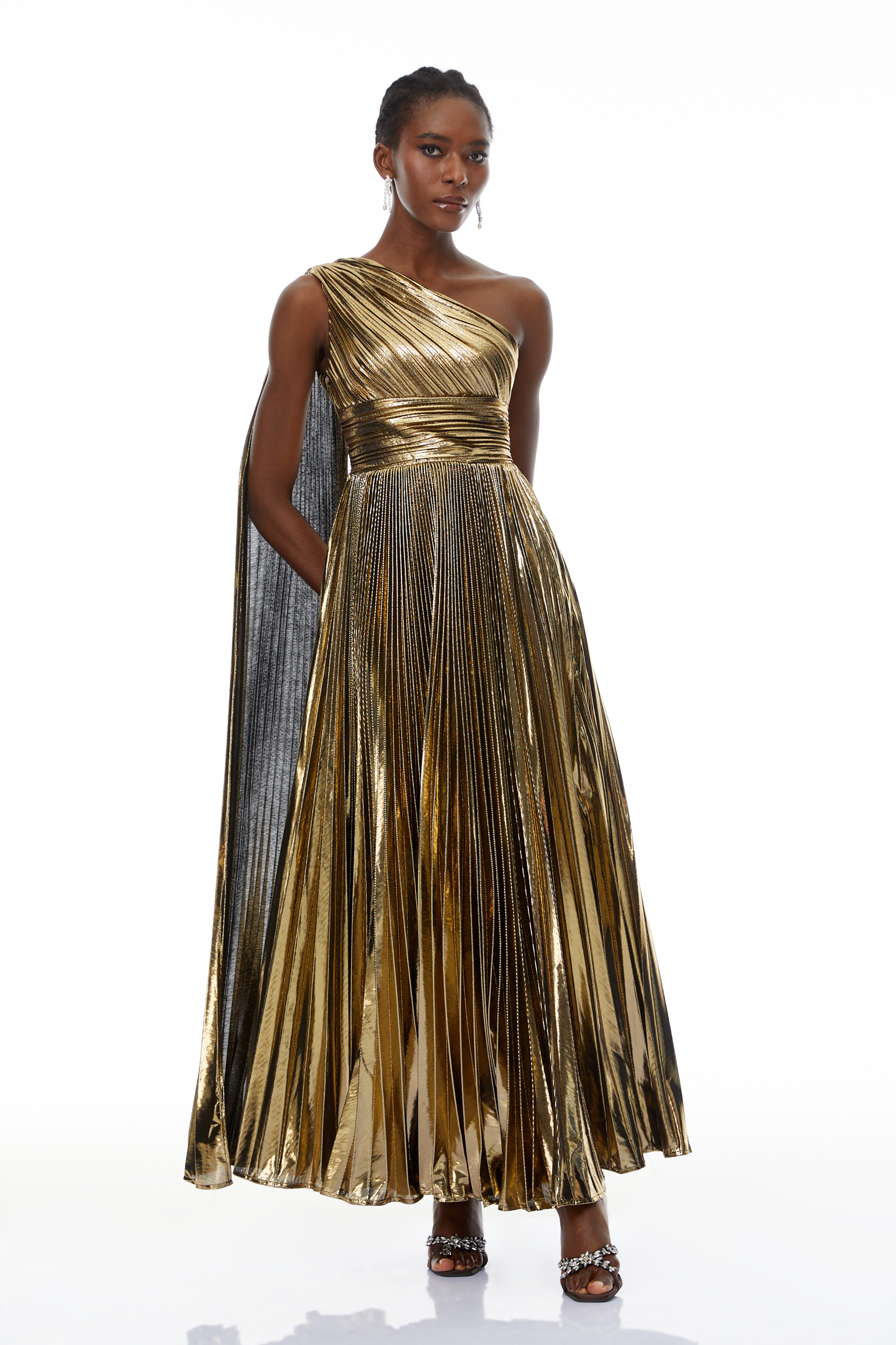 Adrián Gold One Shloulder Ruched Maxi Dress (Final Sale-US Only)