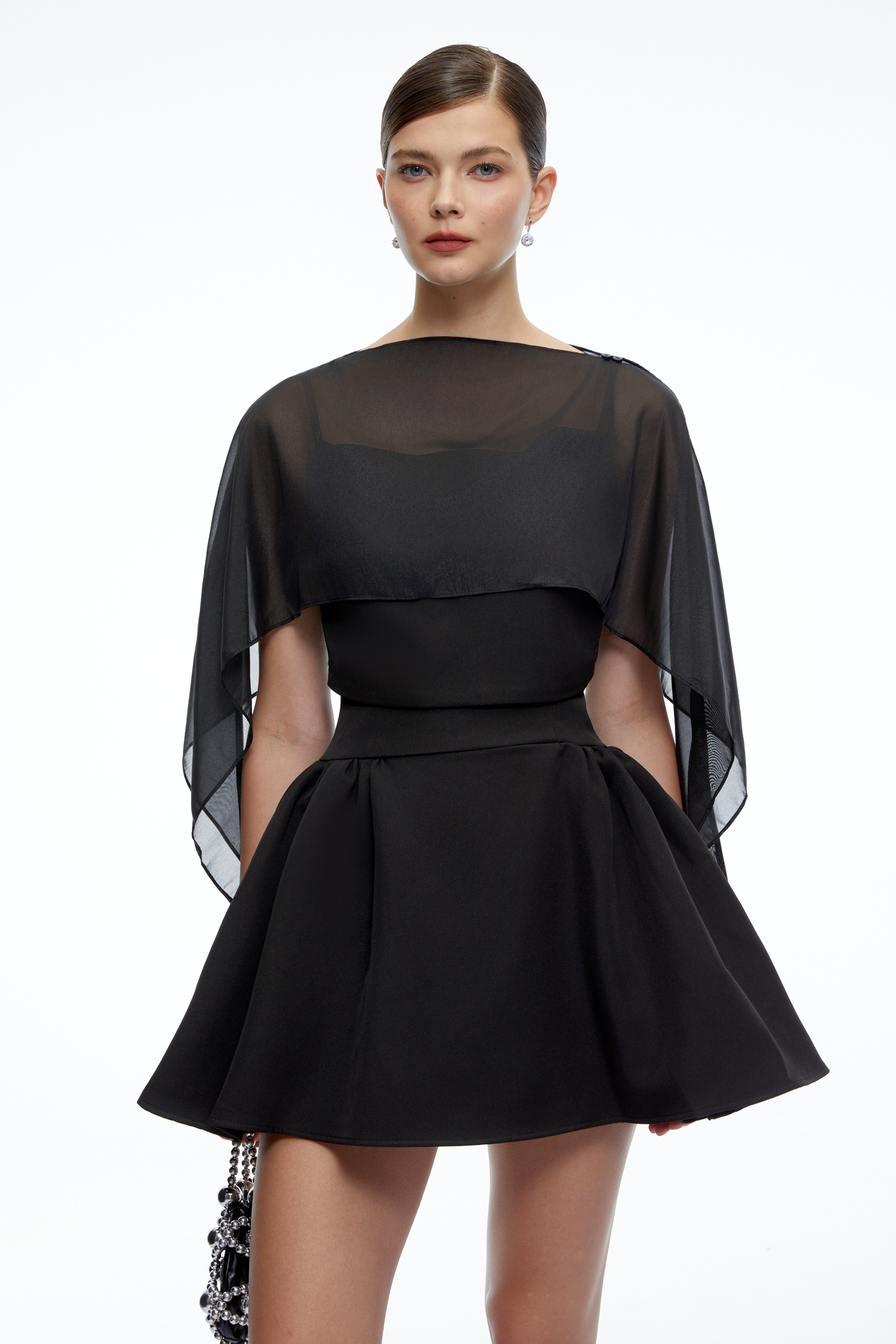 Madeleine Black Semi-Sheer Flared Mini Dress with Shawl