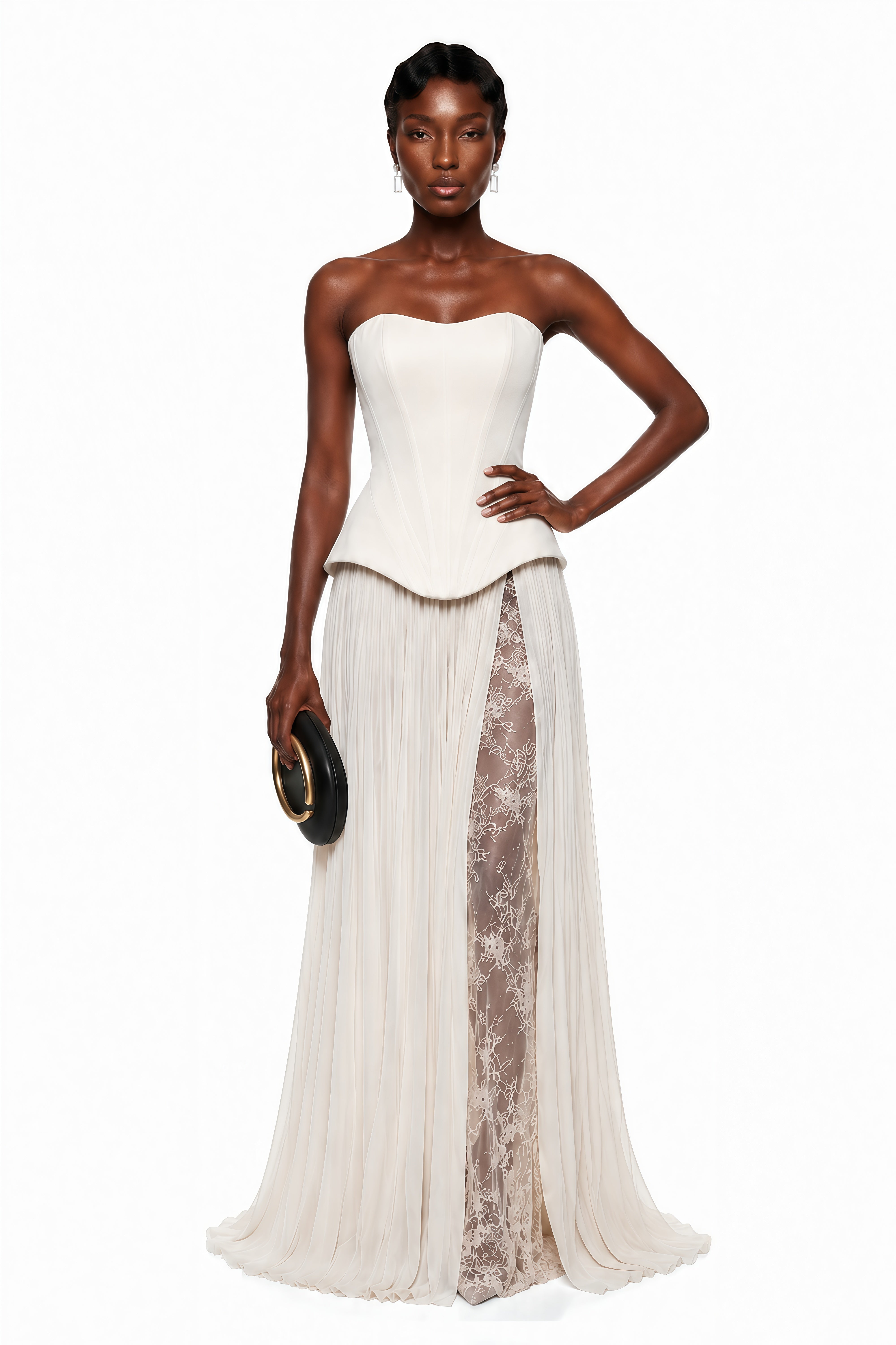 White strapless maxi dress with a structured peplum corset bodice, pleated skirt, and lace-underlaid high leg slit