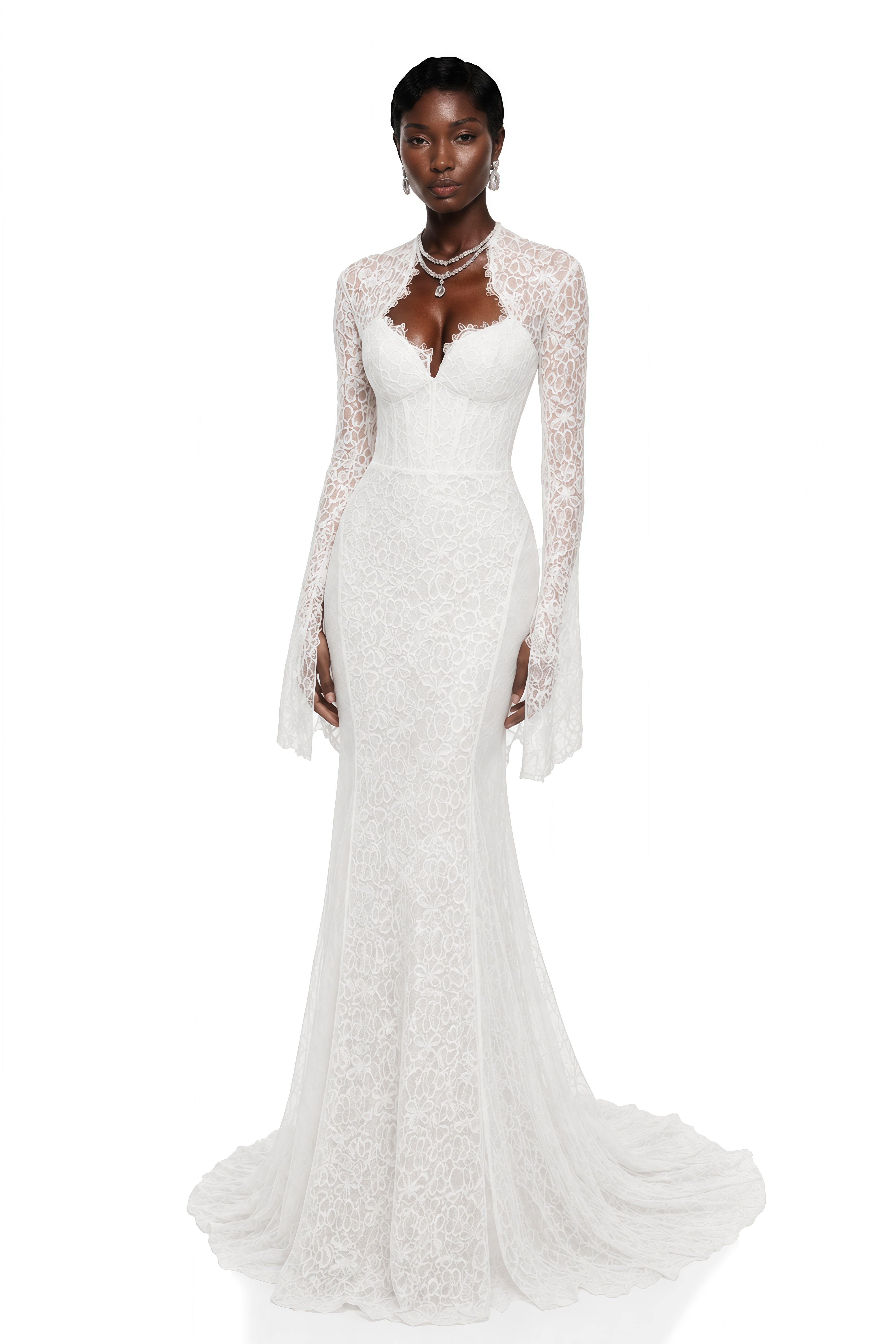 Robe longue sirène en dentelle blanche, avec un corsage en cœur et un boléro à manches longues en dentelle