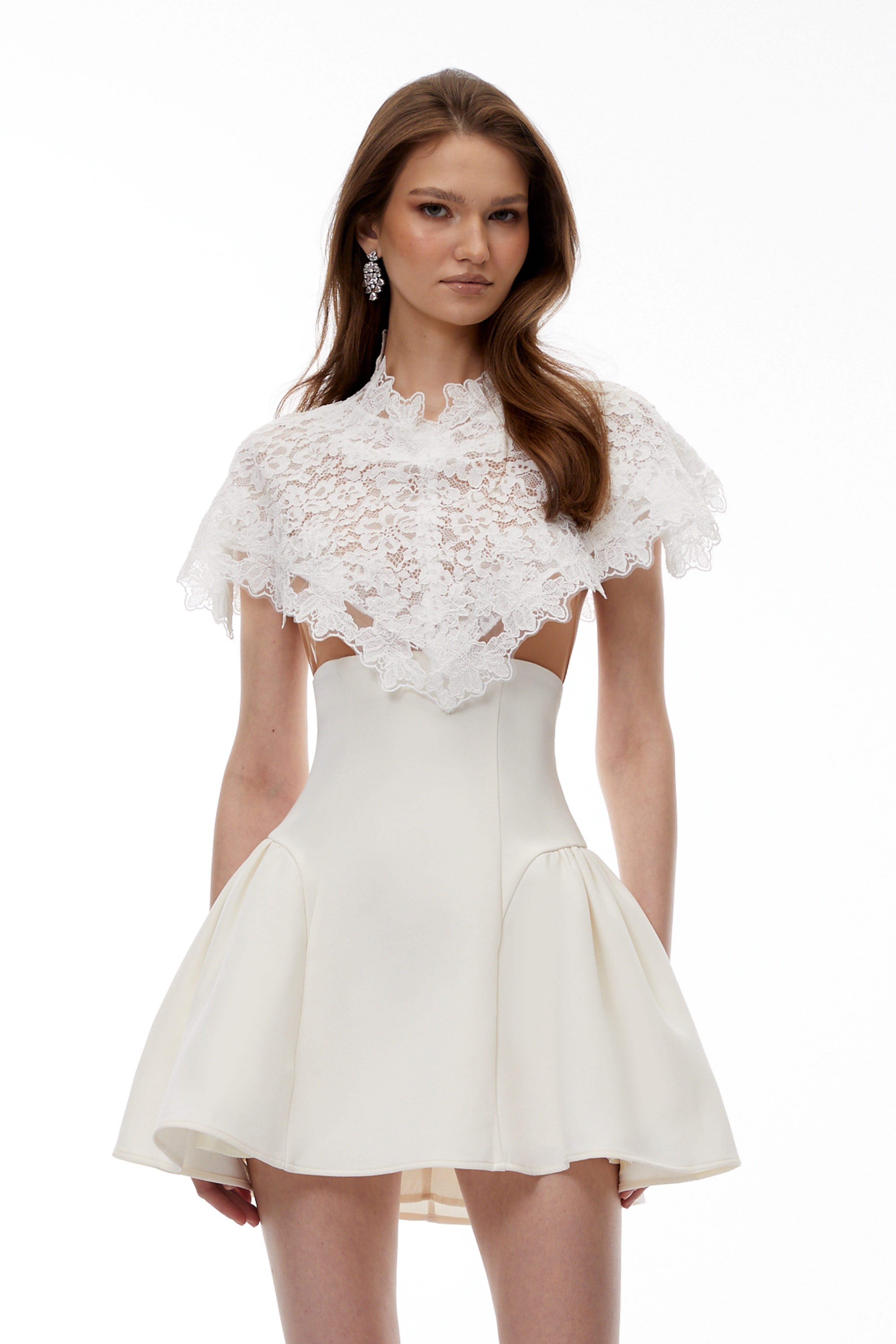 Mandana White Lace Mini Dress with Cape (Final Sale-US Only)